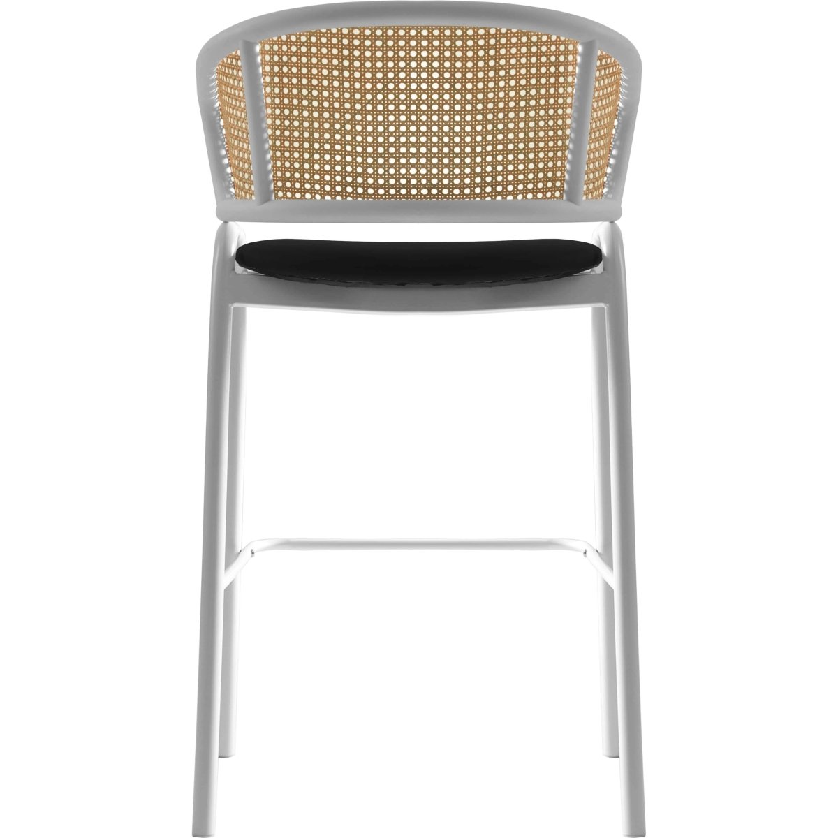 Ervilla Leather Bar Stool with Powder-Coated Stainless Steel Base and Curved Wicker Back Design Black White Bar Stools Leisuremod