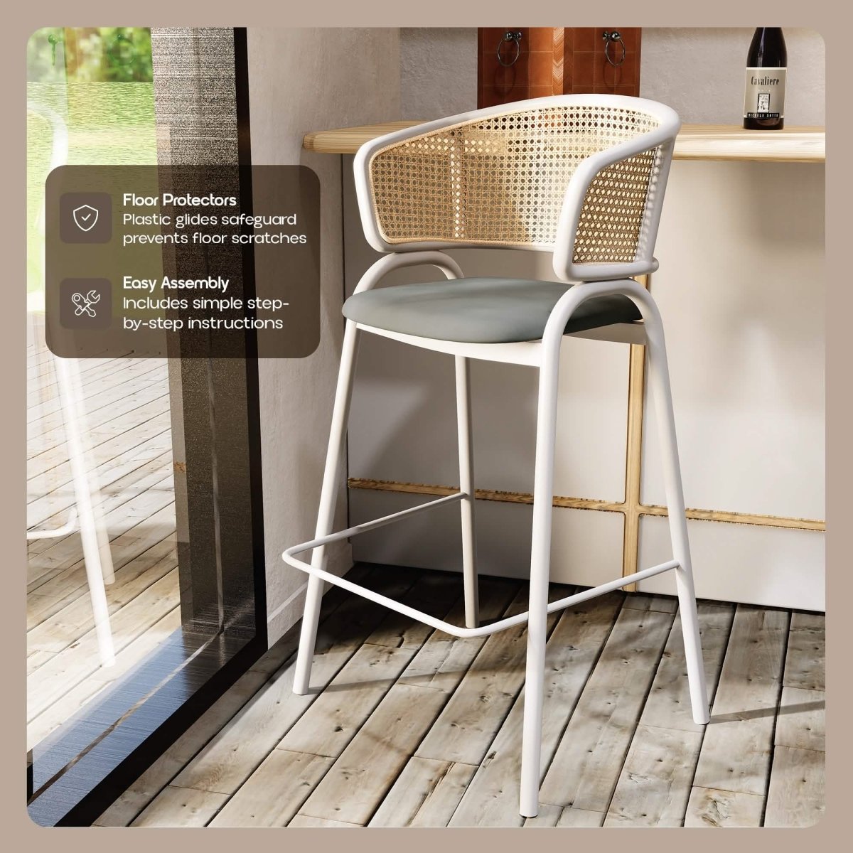 Ervilla Leather Bar Stool with Powder-Coated Stainless Steel Base and Curved Wicker Back Design Black White Bar Stools Leisuremod