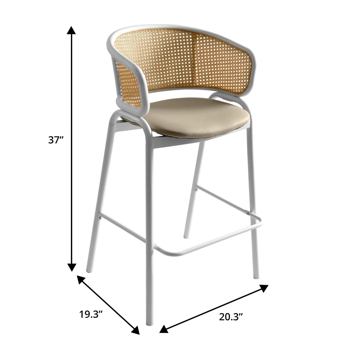 Ervilla Leather Bar Stool with Powder-Coated Stainless Steel Base and Curved Wicker Back Design Taupe White Bar Stools Leisuremod