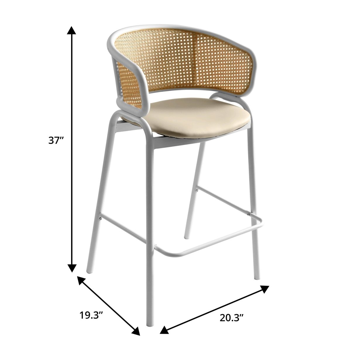 Ervilla Leather Bar Stool with Powder-Coated Stainless Steel Base and Curved Wicker Back Design Taupe White Bar Stools Leisuremod