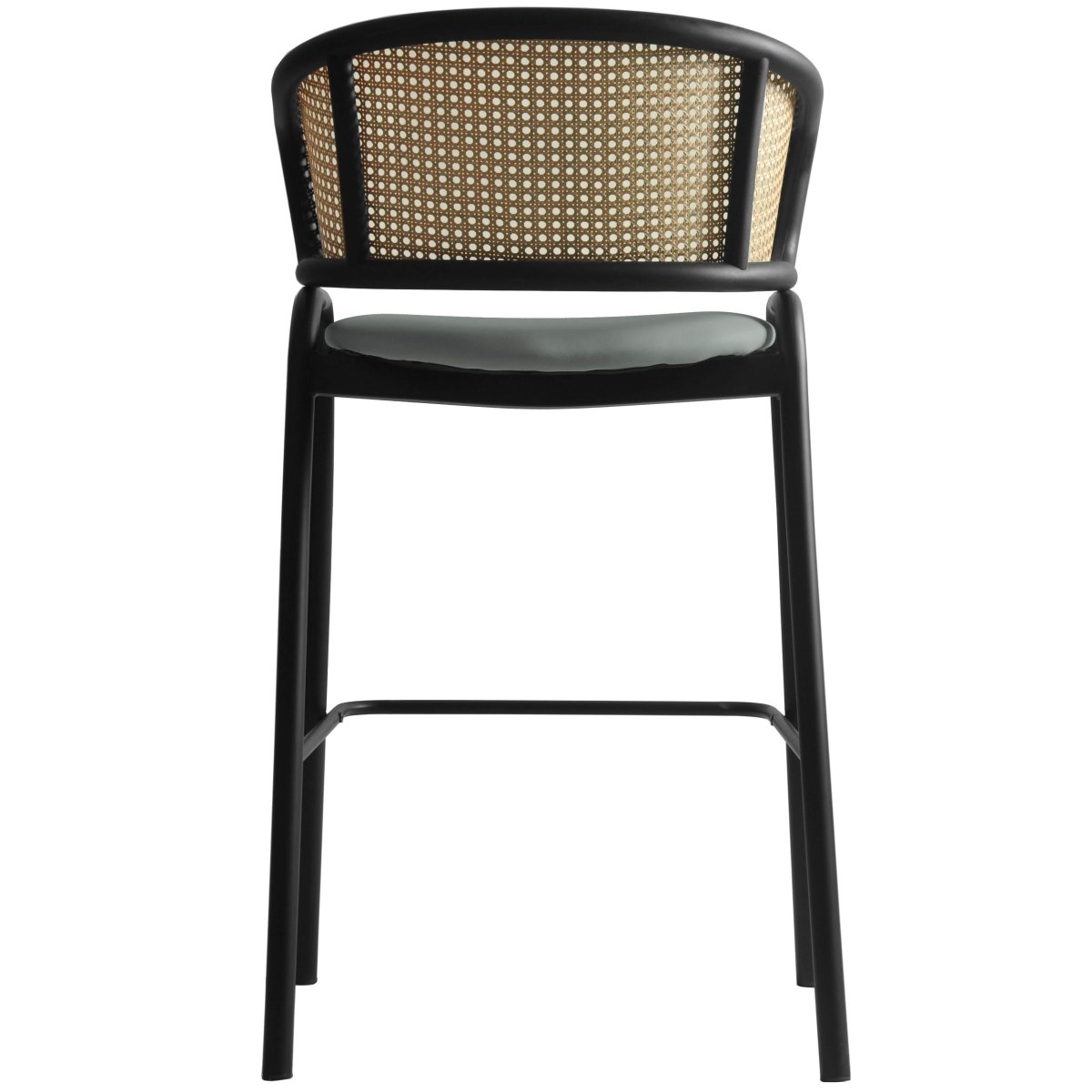 Ervilla Leather Bar Stool with Powder-Coated Stainless Steel Base and Curved Wicker Back Design Grey Black Bar Stools Leisuremod