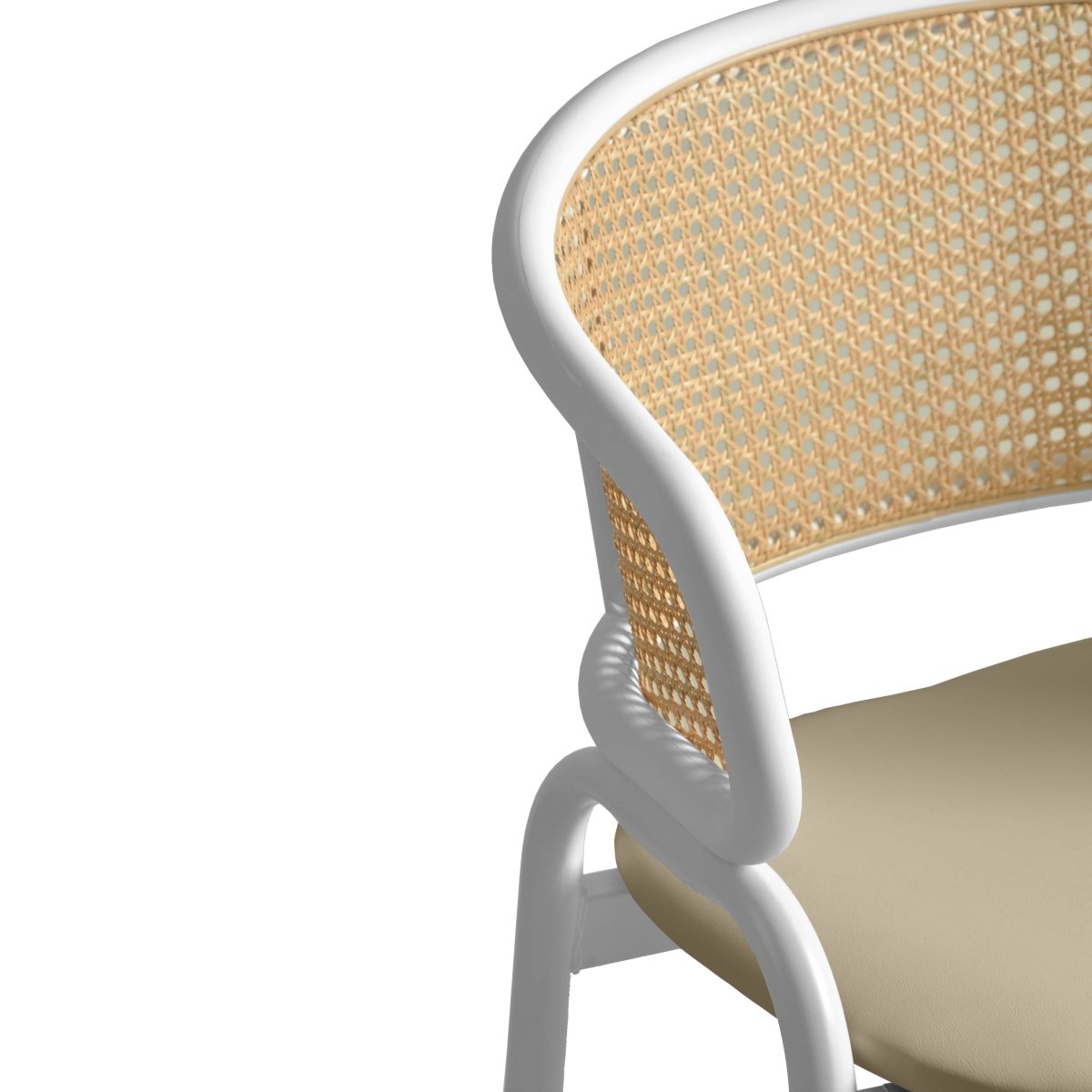 Ervilla Leather Bar Stool with Powder-Coated Stainless Steel Base and Curved Wicker Back Design Taupe White Bar Stools Leisuremod