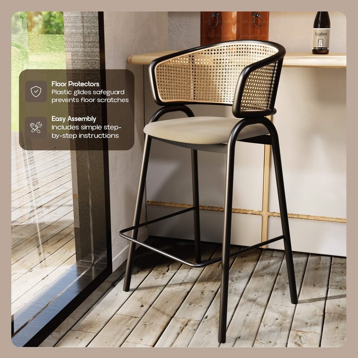 Ervilla Leather Bar Stool with Powder-Coated Stainless Steel Base and Curved Wicker Back Design Grey Black Bar Stools Leisuremod