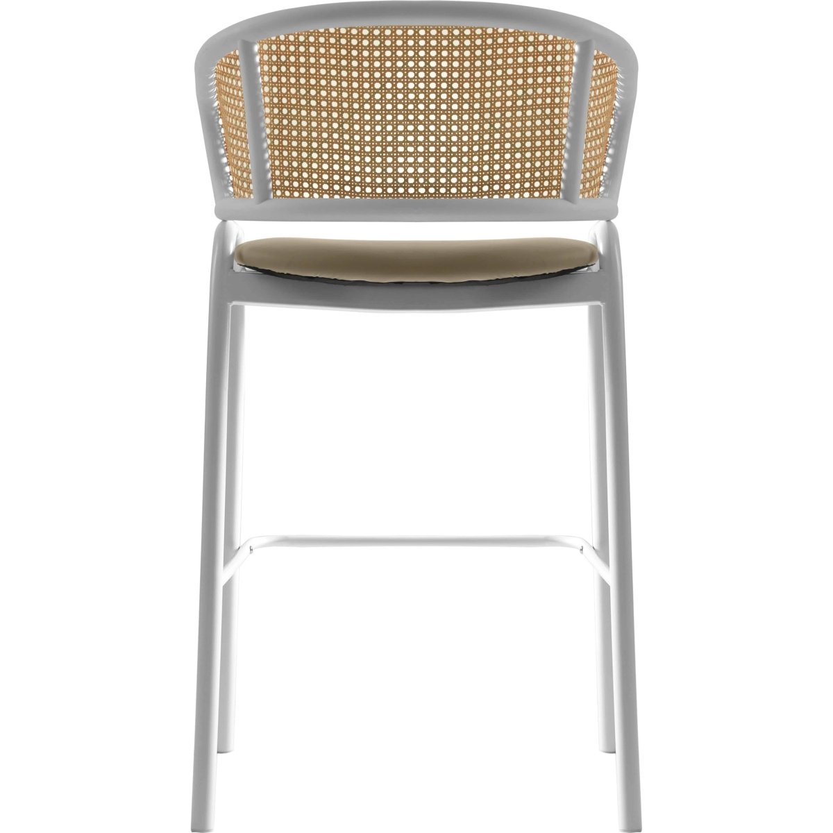 Ervilla Leather Bar Stool with Powder-Coated Stainless Steel Base and Curved Wicker Back Design Taupe White Bar Stools Leisuremod