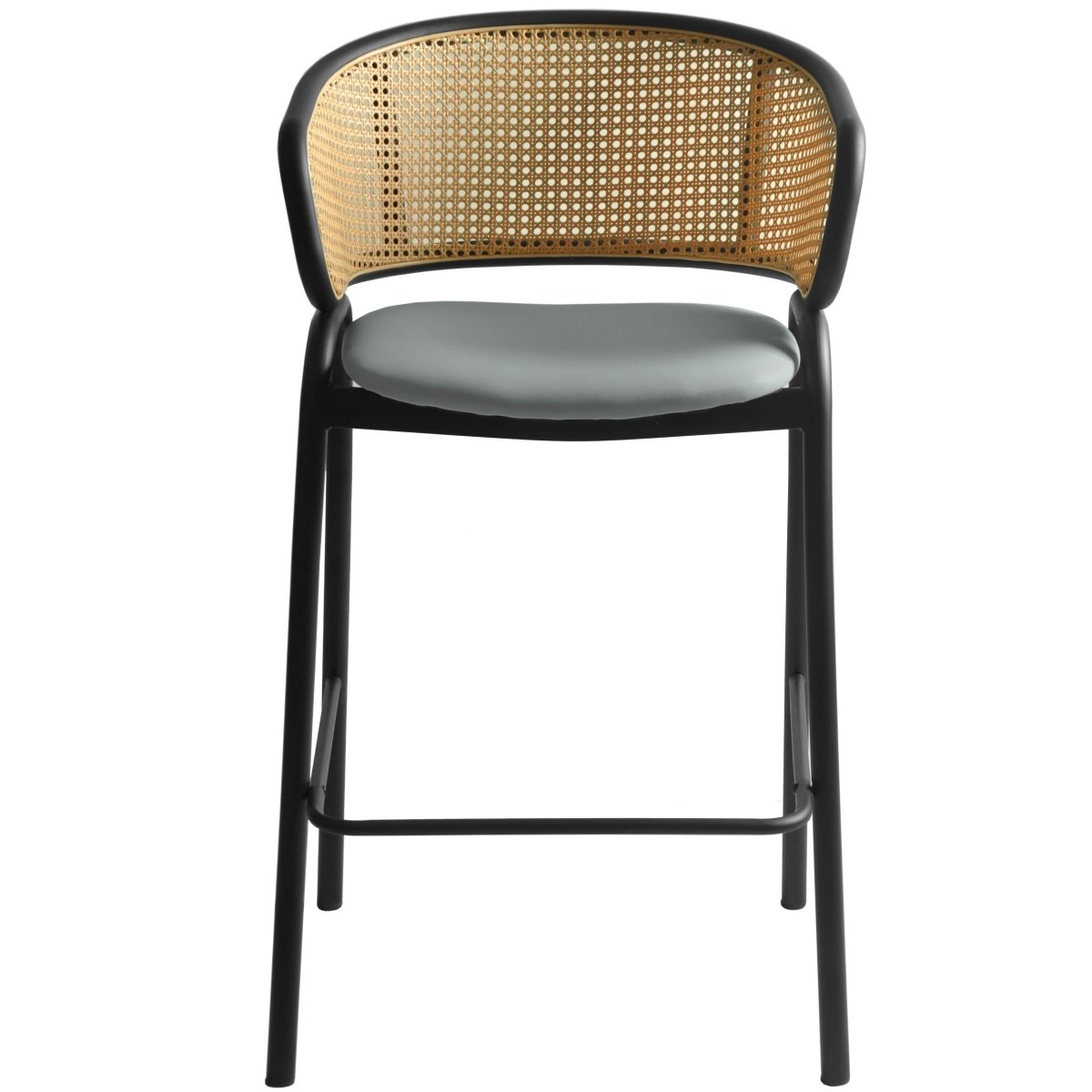 Ervilla Leather Bar Stool with Powder-Coated Stainless Steel Base and Curved Wicker Back Design Grey Black Bar Stools Leisuremod