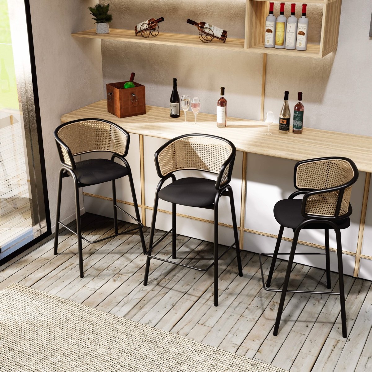 Ervilla Leather Bar Stool with Powder-Coated Stainless Steel Base and Curved Wicker Back Design Black Black Bar Stools Leisuremod
