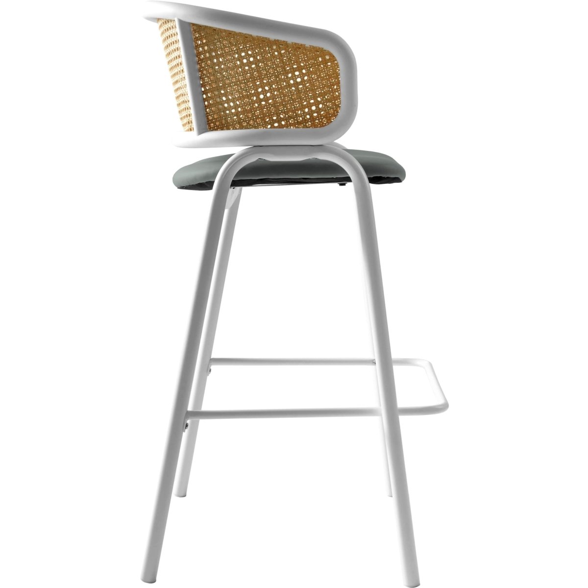 Ervilla Leather Bar Stool with Powder-Coated Stainless Steel Base and Curved Wicker Back Design Grey White Bar Stools Leisuremod