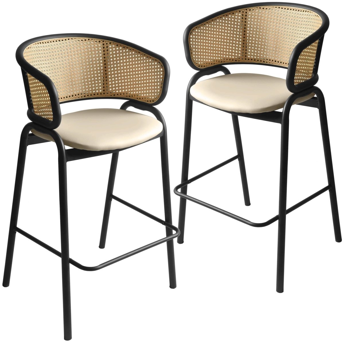 Ervilla Leather Bar Stool with Powder-Coated Stainless Steel Base and Curved Wicker Back Design Beige Black Bar Stools Leisuremod
