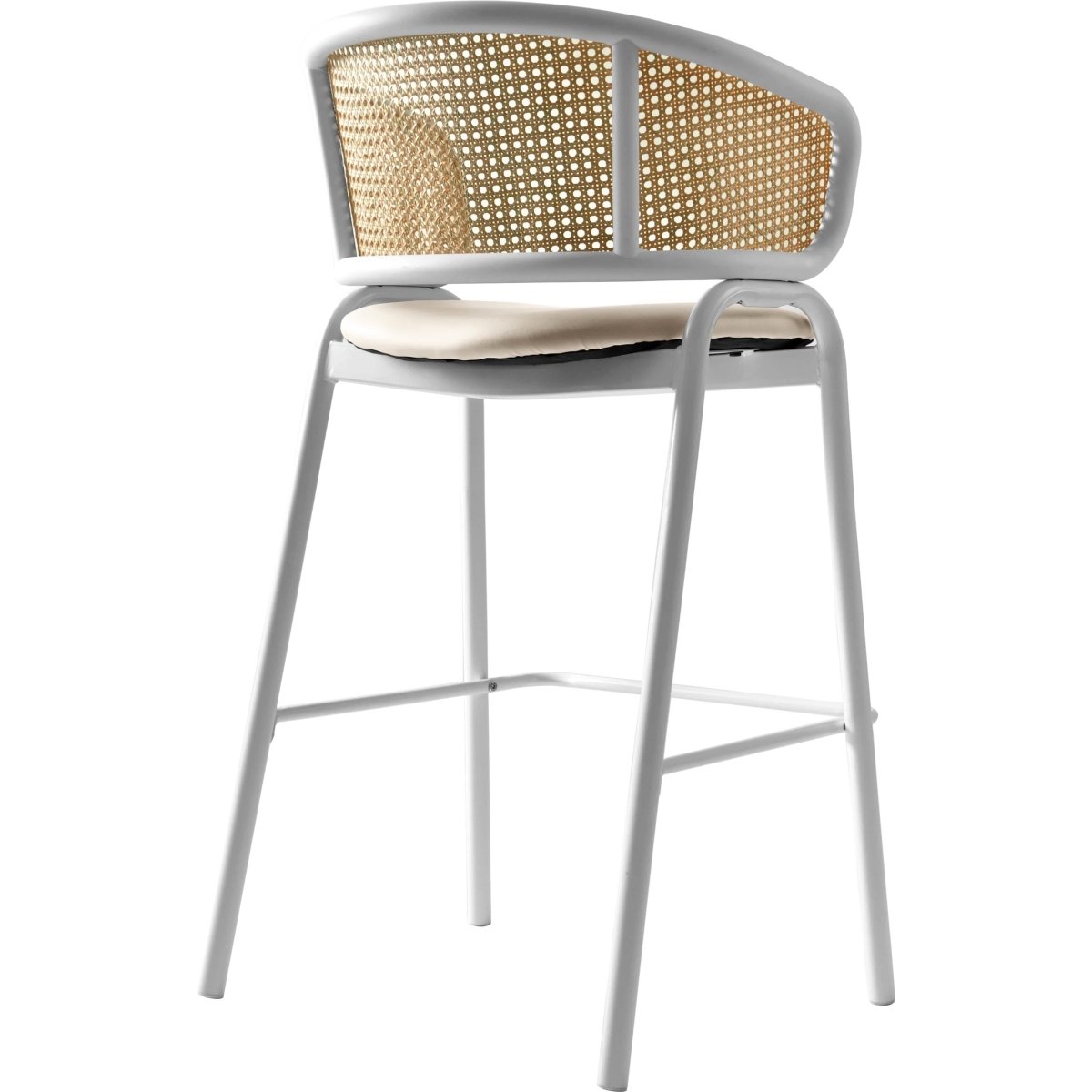 Ervilla Leather Bar Stool with Powder-Coated Stainless Steel Base and Curved Wicker Back Design Taupe White Bar Stools Leisuremod