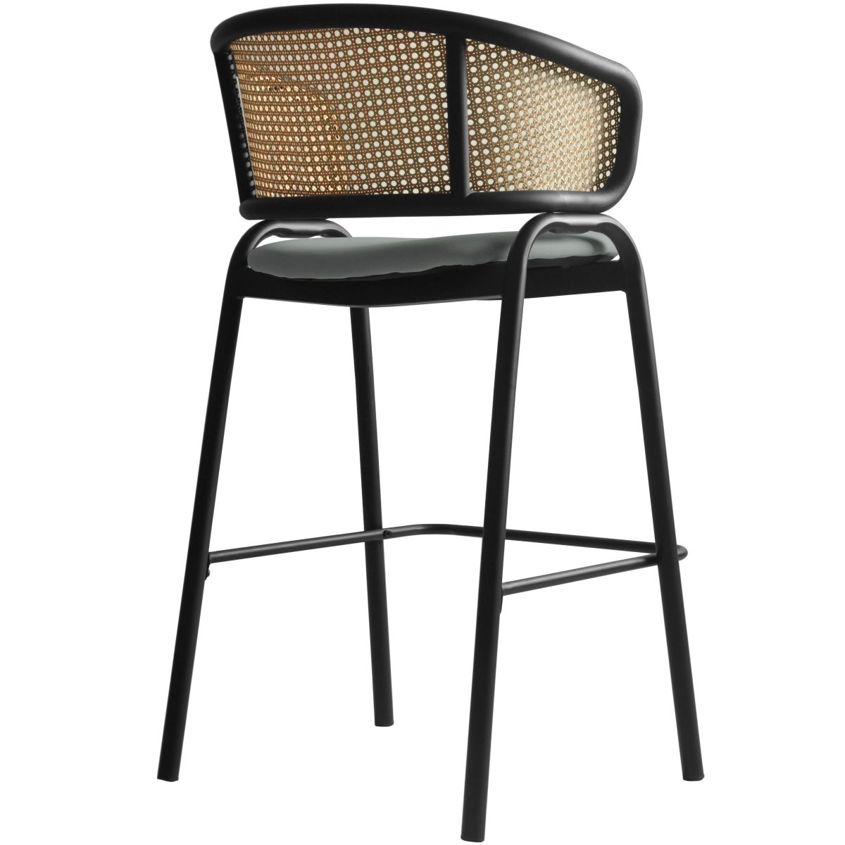 Ervilla Leather Bar Stool with Powder-Coated Stainless Steel Base and Curved Wicker Back Design Grey Black Bar Stools Leisuremod