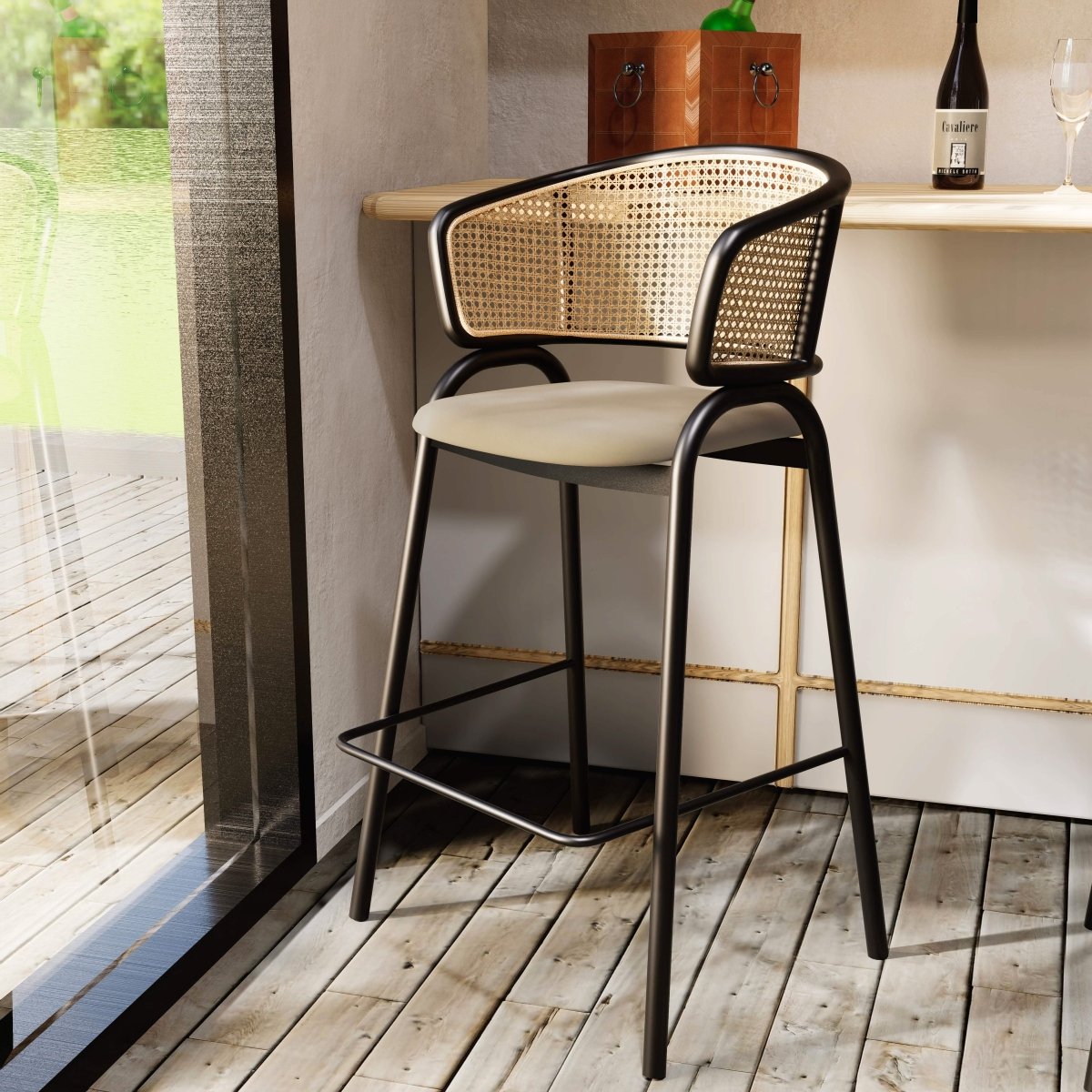Ervilla Leather Bar Stool with Powder-Coated Stainless Steel Base and Curved Wicker Back Design Grey Black Bar Stools Leisuremod
