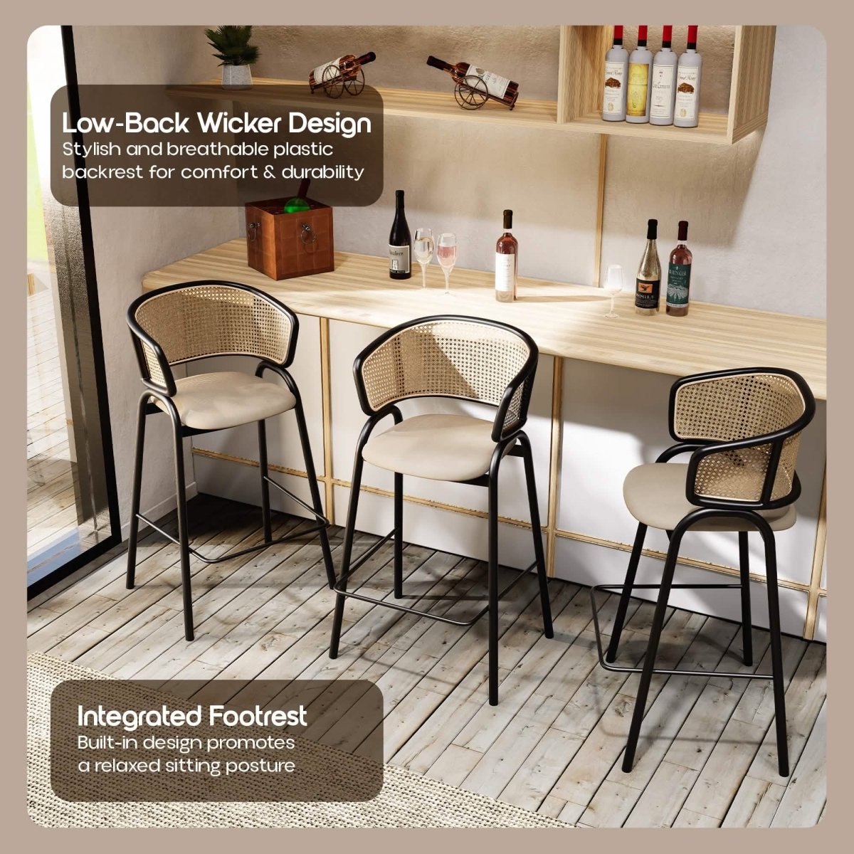 Ervilla Leather Bar Stool with Powder-Coated Stainless Steel Base and Curved Wicker Back Design Beige Black Bar Stools Leisuremod