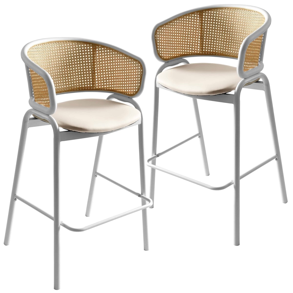 Ervilla Leather Bar Stool with Powder-Coated Stainless Steel Base and Curved Wicker Back Design White White Bar Stools Leisuremod