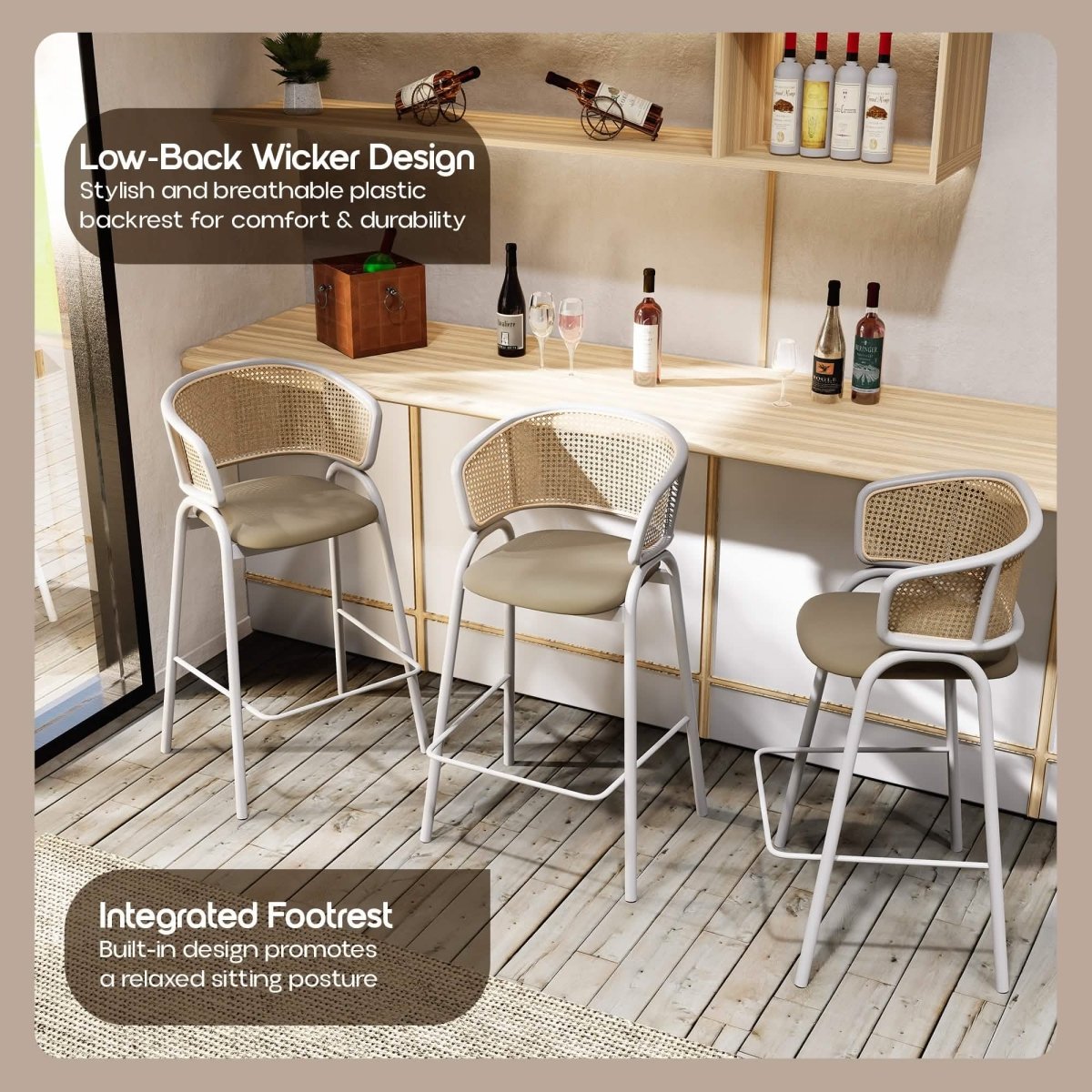 Ervilla Leather Bar Stool with Powder-Coated Stainless Steel Base and Curved Wicker Back Design Grey White Bar Stools Leisuremod