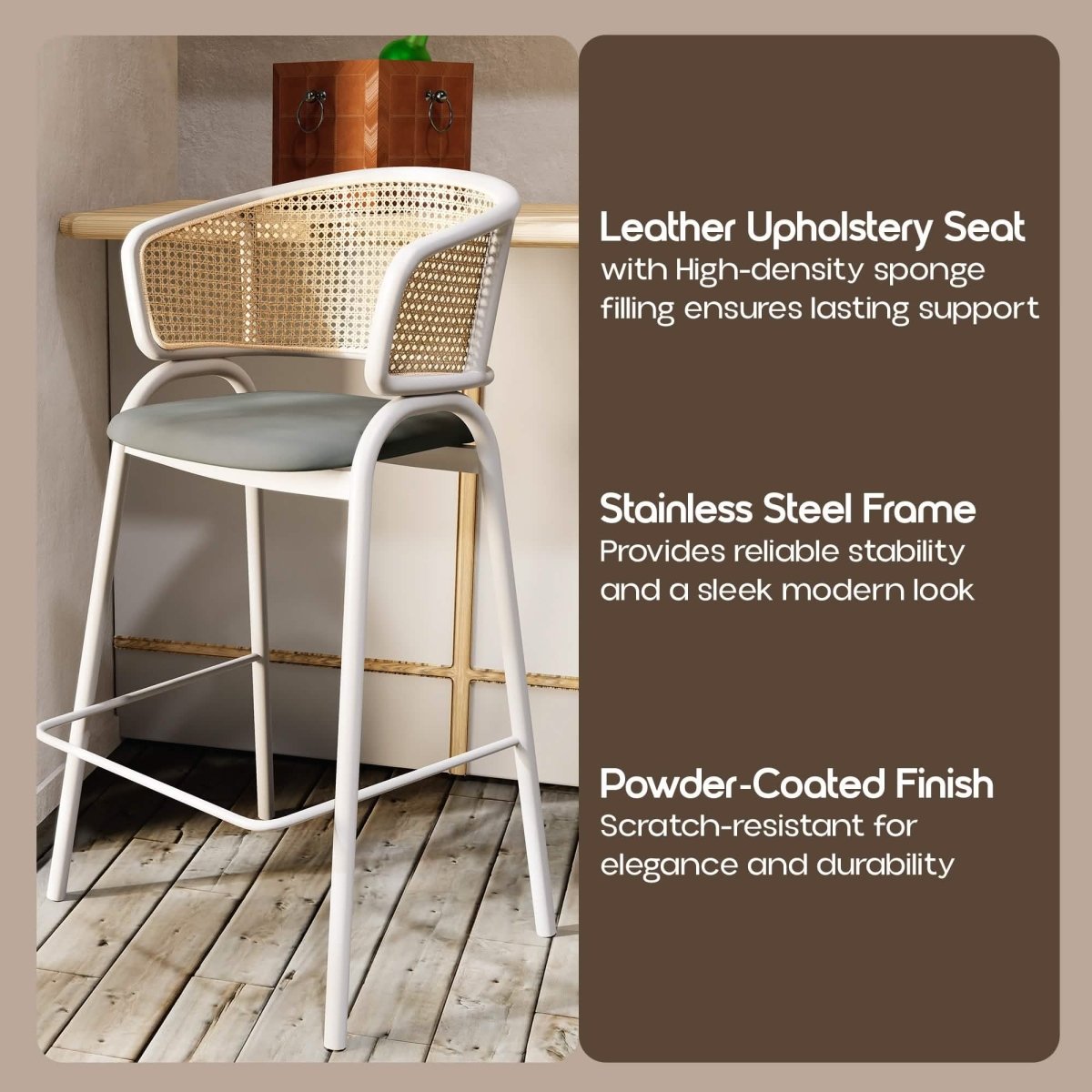 Ervilla Leather Bar Stool with Powder-Coated Stainless Steel Base and Curved Wicker Back Design Black White Bar Stools Leisuremod