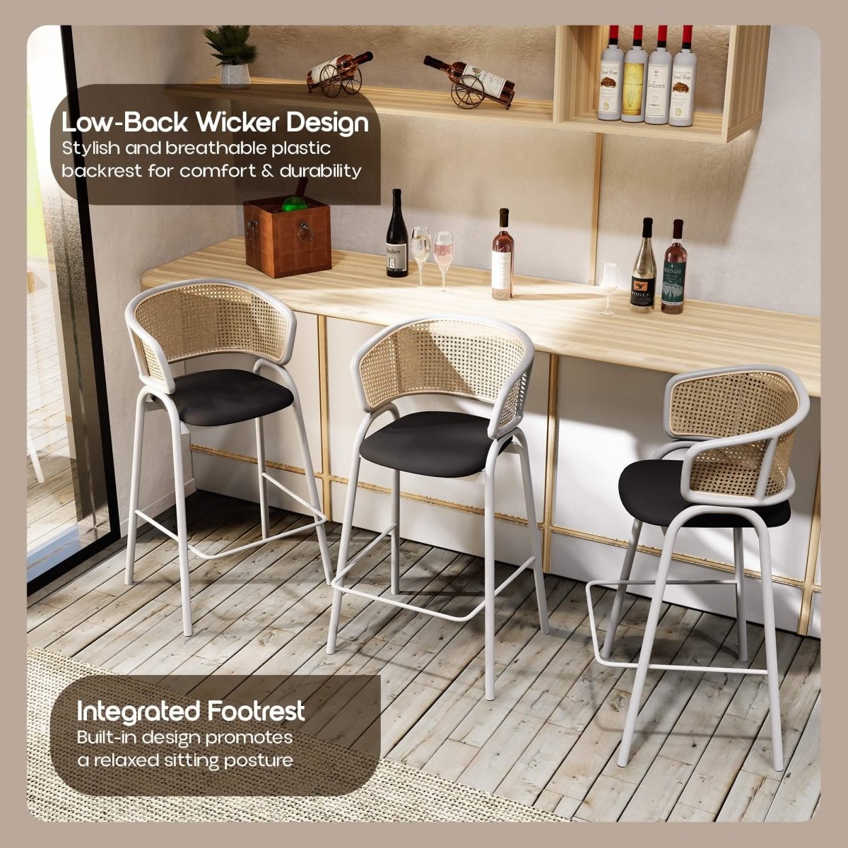 Ervilla Leather Bar Stool with Powder-Coated Stainless Steel Base and Curved Wicker Back Design Taupe Black Bar Stools Leisuremod