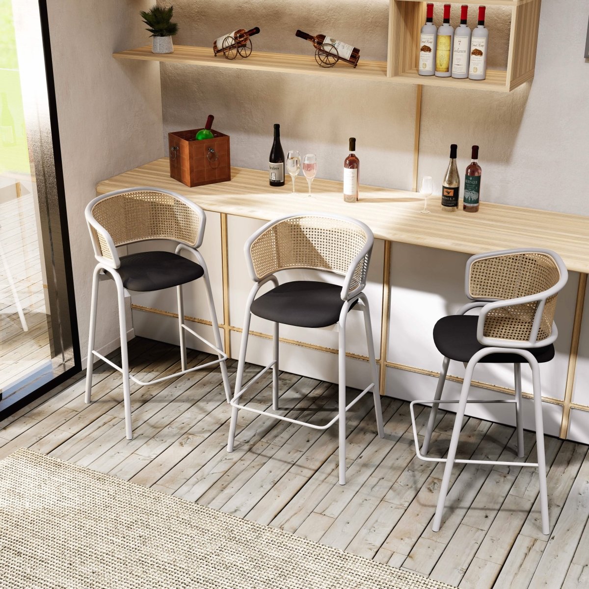 Ervilla Leather Bar Stool with Powder-Coated Stainless Steel Base and Curved Wicker Back Design Taupe Black Bar Stools Leisuremod
