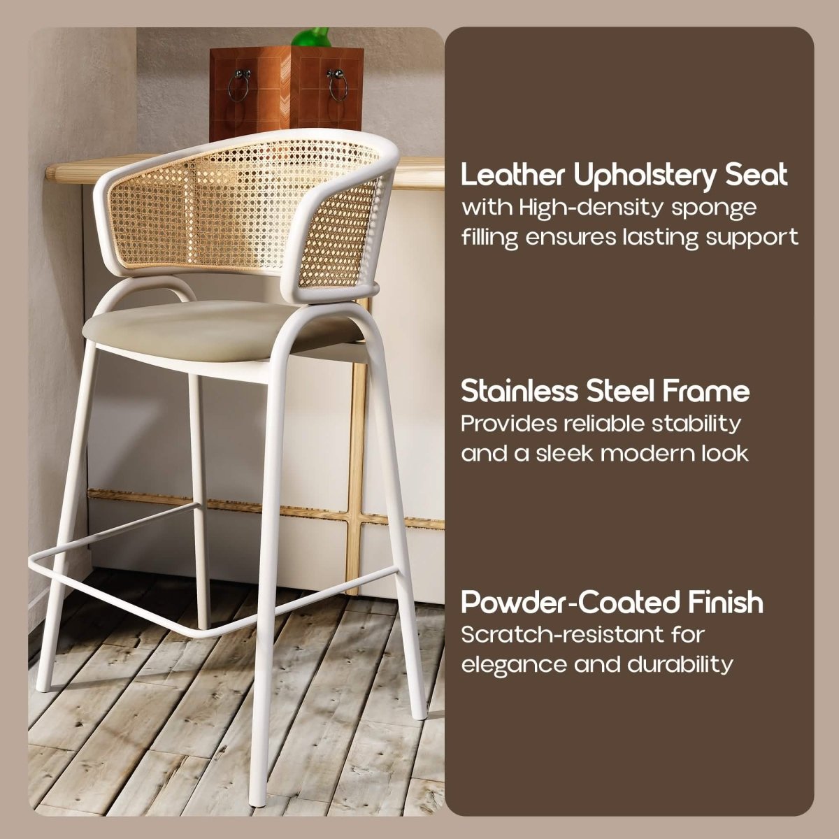 Ervilla Leather Bar Stool with Powder-Coated Stainless Steel Base and Curved Wicker Back Design Grey White Bar Stools Leisuremod
