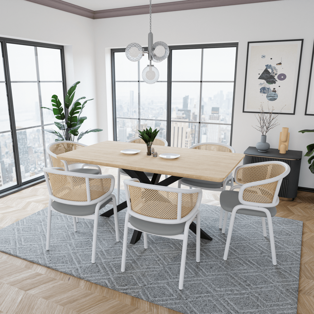 Ervilla Leather Dining Armchair in Black/White Stainless Steel Base With Wicker Back