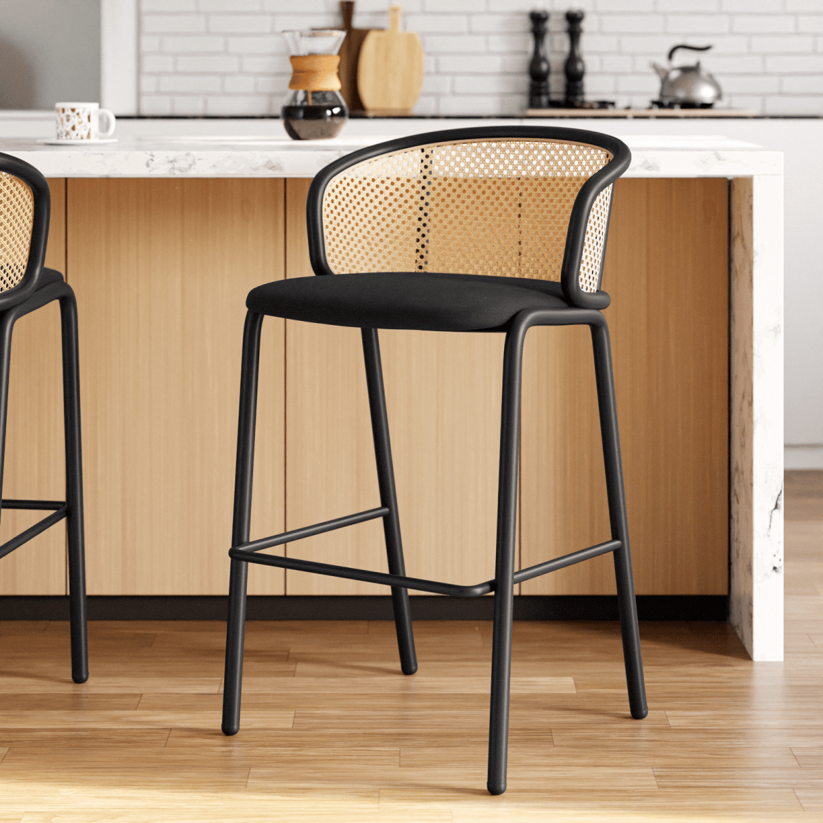 Ervilla Mid - Century Modern Wicker Bar Stool with Fabric Seat and Black/White Powder Coated Steel Frame