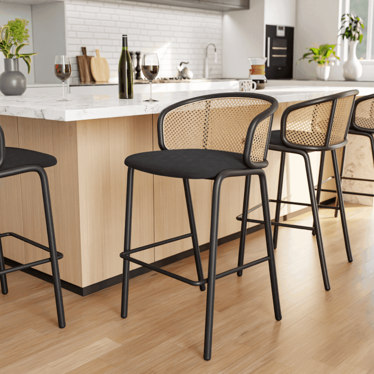 Ervilla Mid - Century Modern Wicker Bar Stool with Fabric Seat and Black/White Powder Coated Steel Frame