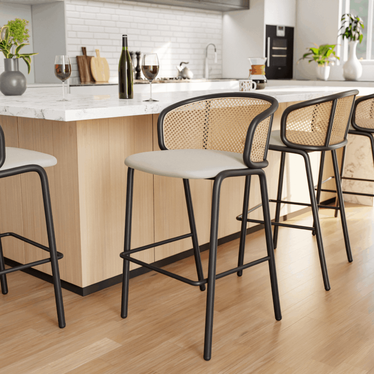 Ervilla Mid - Century Modern Wicker Bar Stool with Fabric Seat and Black/White Powder Coated Steel Frame