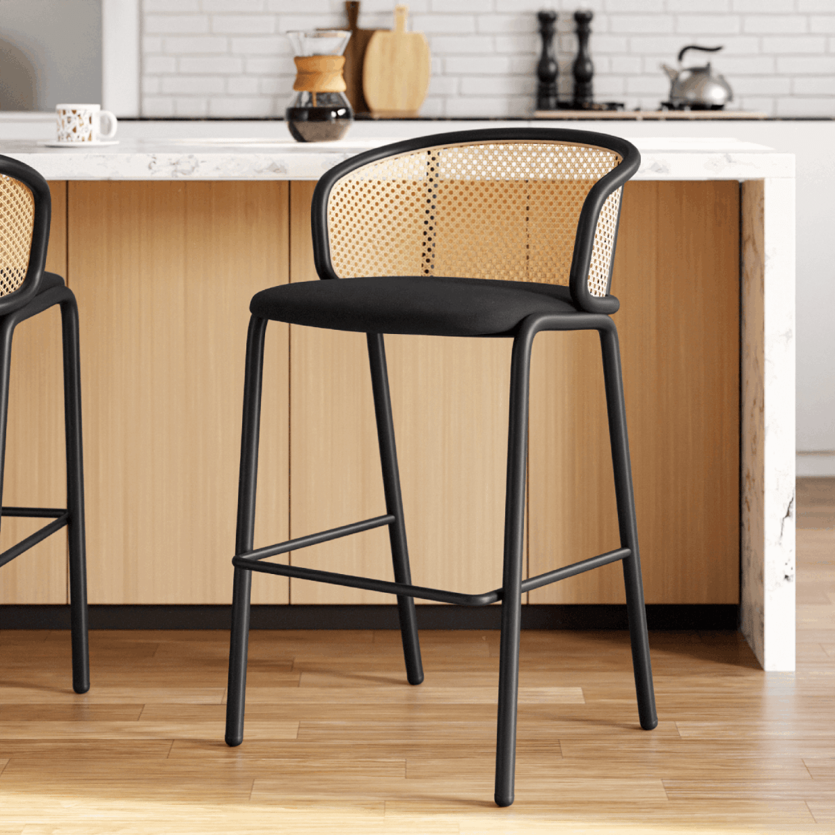 Ervilla Mid - Century Modern Wicker Bar Stool with Fabric Seat and Black/White Powder Coated Steel Frame