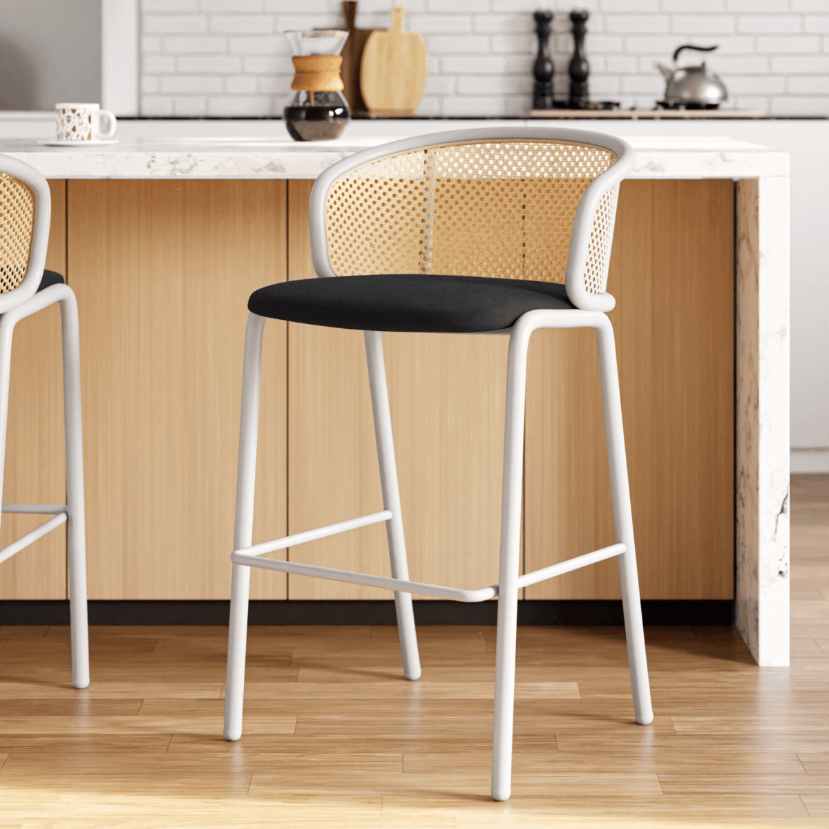 Ervilla Mid - Century Modern Wicker Bar Stool with Fabric Seat and Black/White Powder Coated Steel Frame