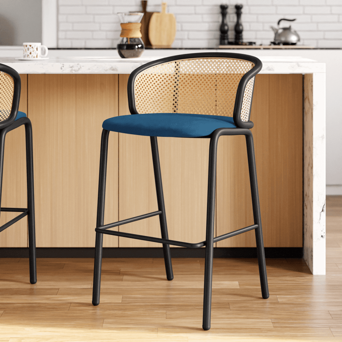 Ervilla Mid - Century Modern Wicker Bar Stool with Fabric Seat and Black/White Powder Coated Steel Frame