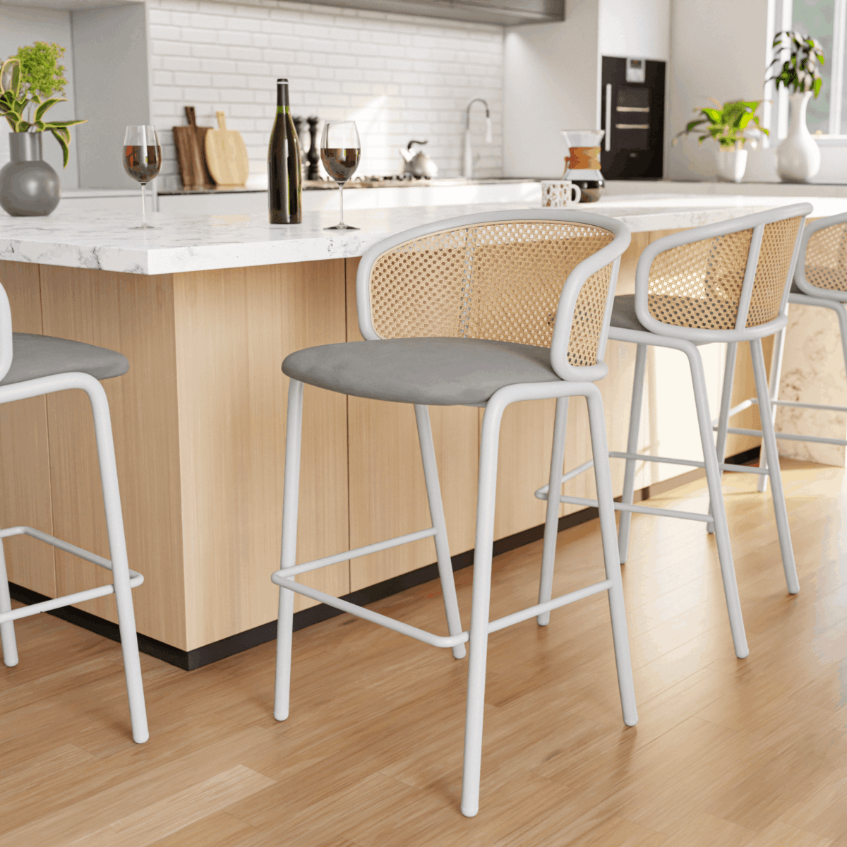 Ervilla Mid - Century Modern Wicker Bar Stool with Fabric Seat and Black/White Powder Coated Steel Frame