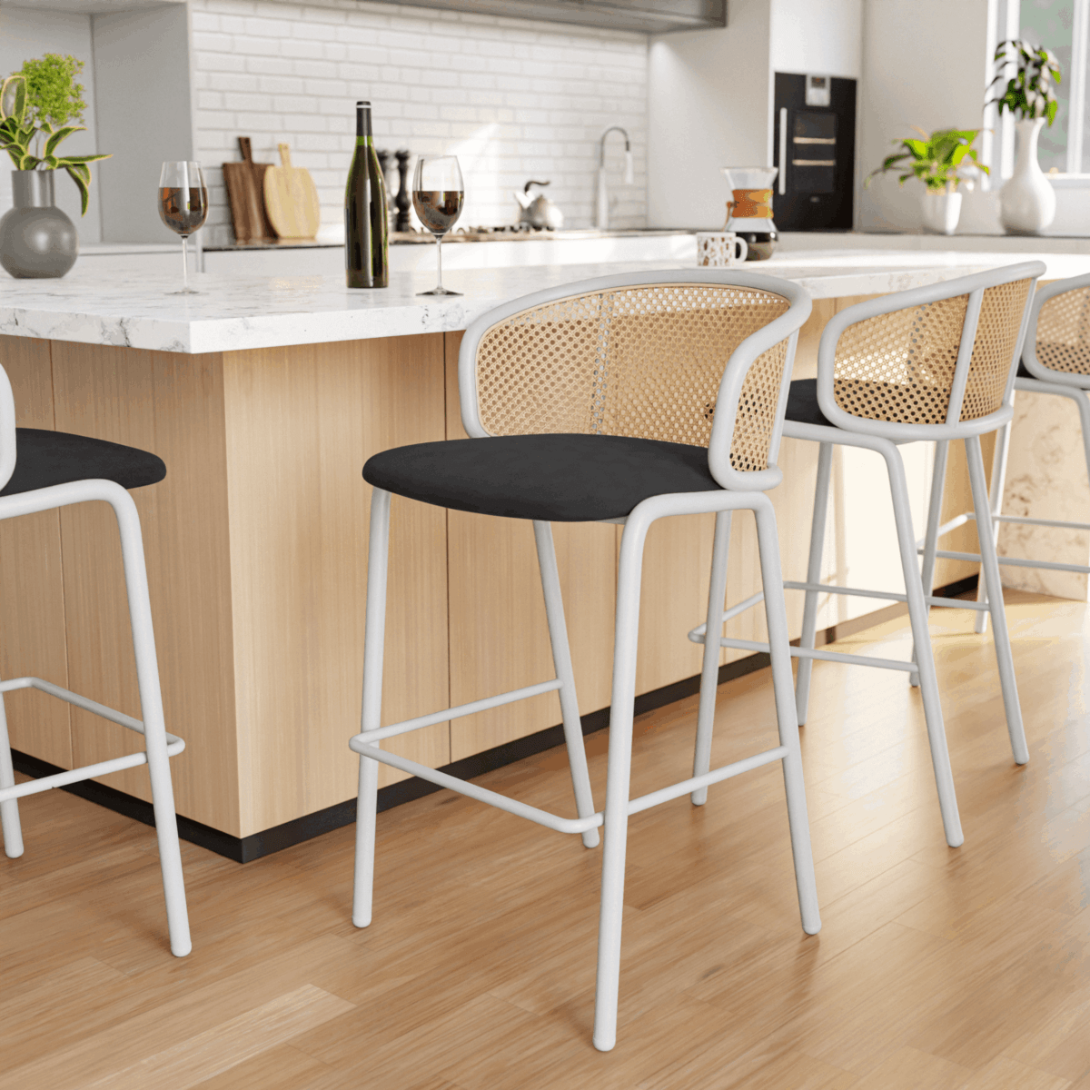 Ervilla Mid - Century Modern Wicker Bar Stool with Fabric Seat and Black/White Powder Coated Steel Frame