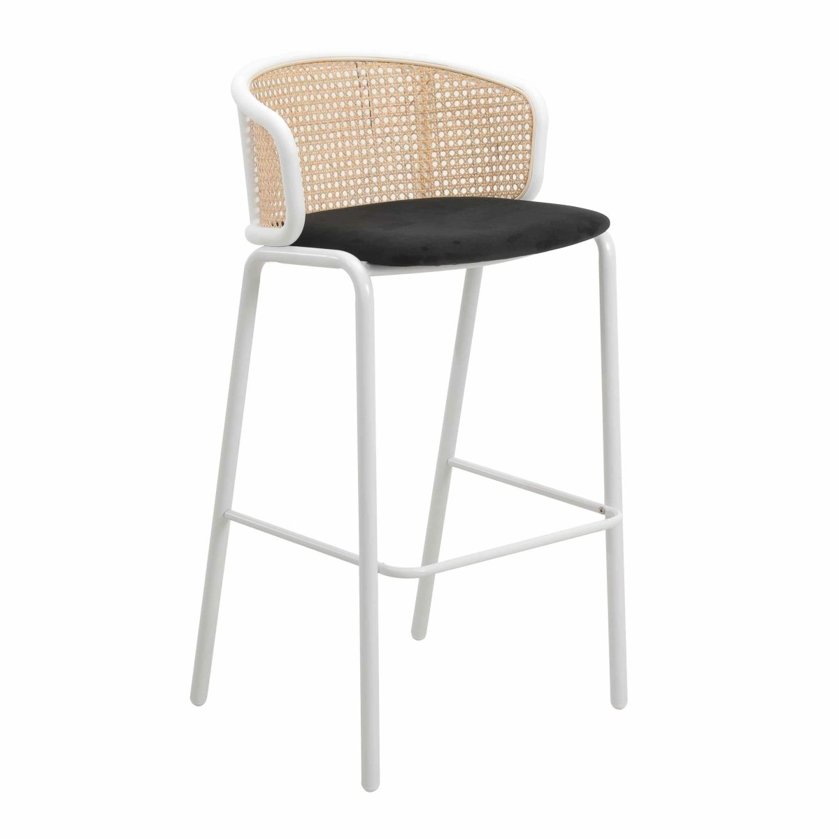 Ervilla Mid - Century Modern Wicker Bar Stool with Fabric Seat and Black/White Powder Coated Steel Frame