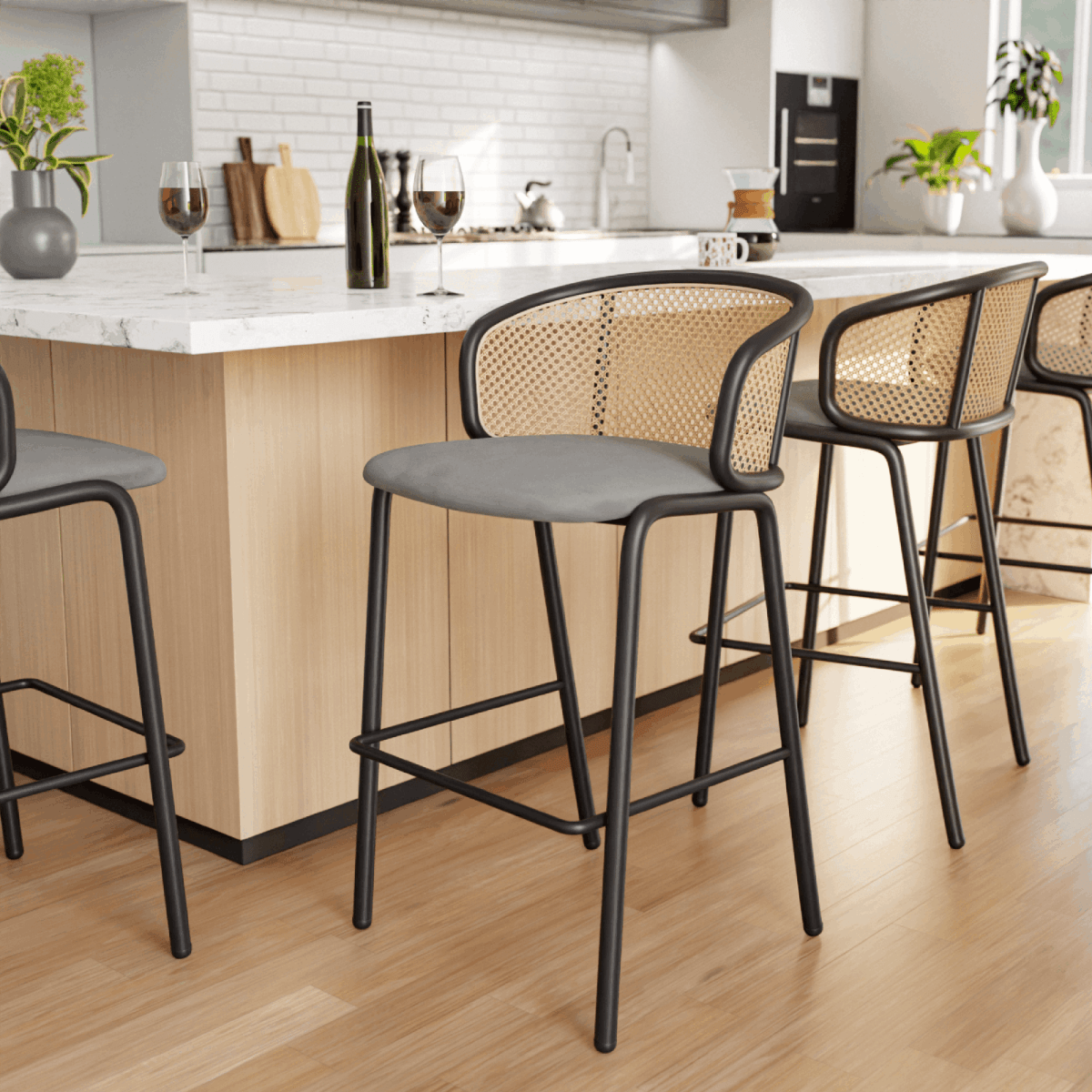 Ervilla Mid - Century Modern Wicker Bar Stool with Fabric Seat and Black/White Powder Coated Steel Frame