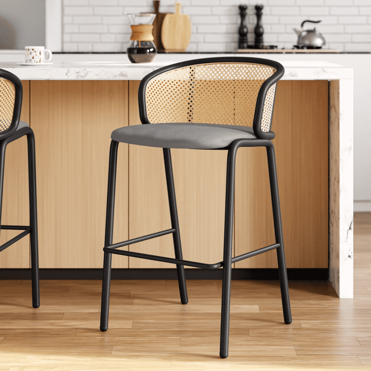 Ervilla Mid - Century Modern Wicker Bar Stool with Fabric Seat and Black/White Powder Coated Steel Frame