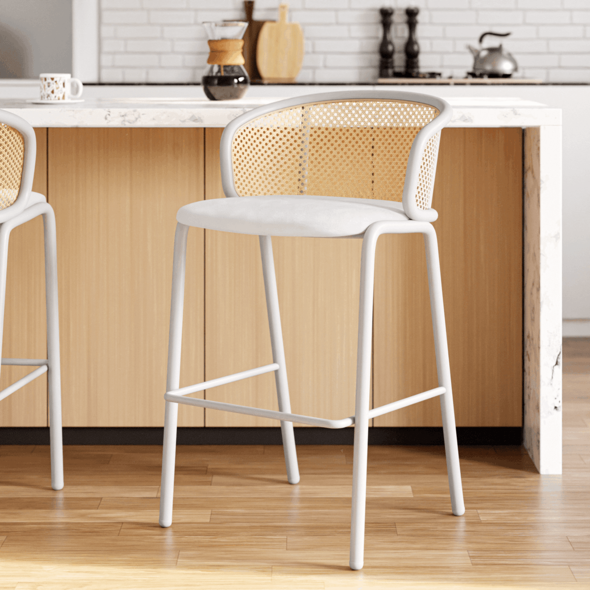 Ervilla Mid - Century Modern Wicker Bar Stool with Fabric Seat and Black/White Powder Coated Steel Frame