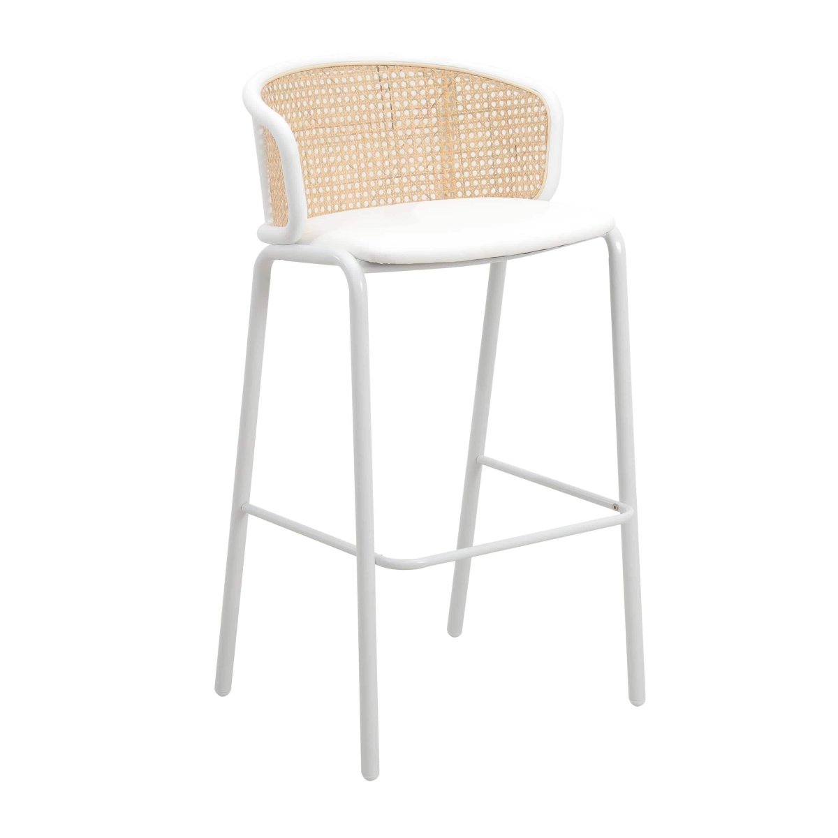 Ervilla Mid - Century Modern Wicker Bar Stool with Fabric Seat and Black/White Powder Coated Steel Frame