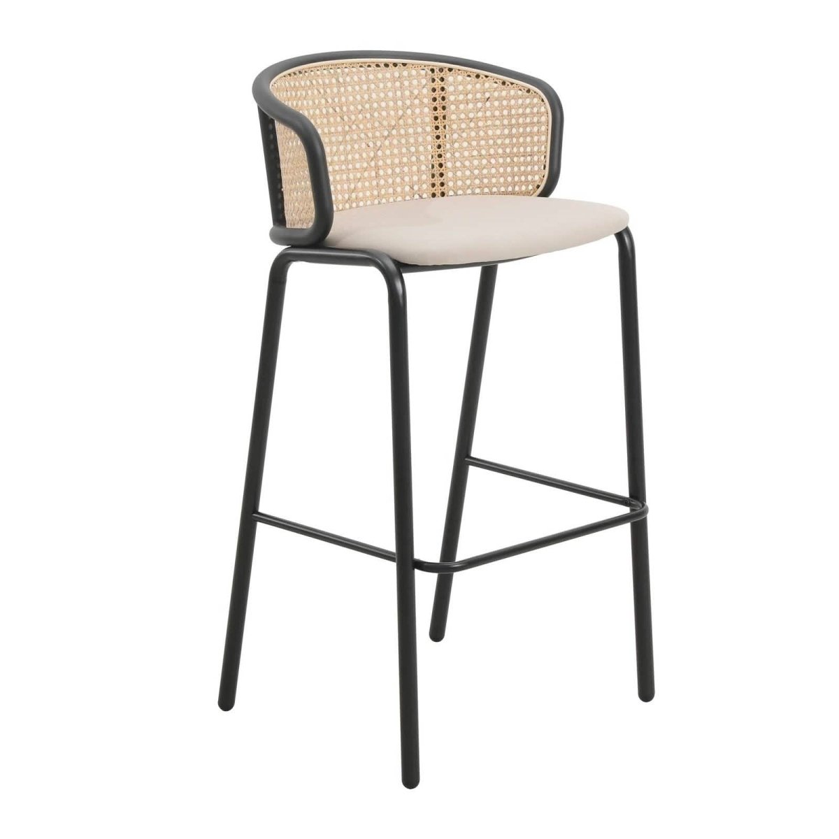Ervilla Mid - Century Modern Wicker Bar Stool with Fabric Seat and Black/White Powder Coated Steel Frame