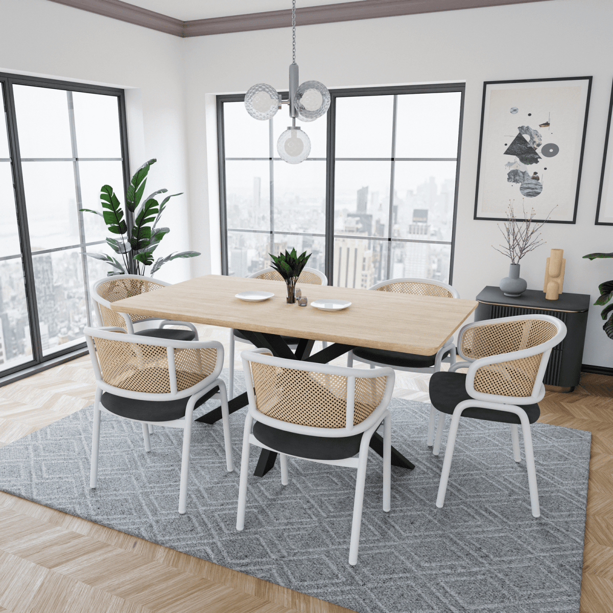 Ervilla Modern Dining Armchair with White Powder Coated Steel Legs and Wicker Back Set of 2