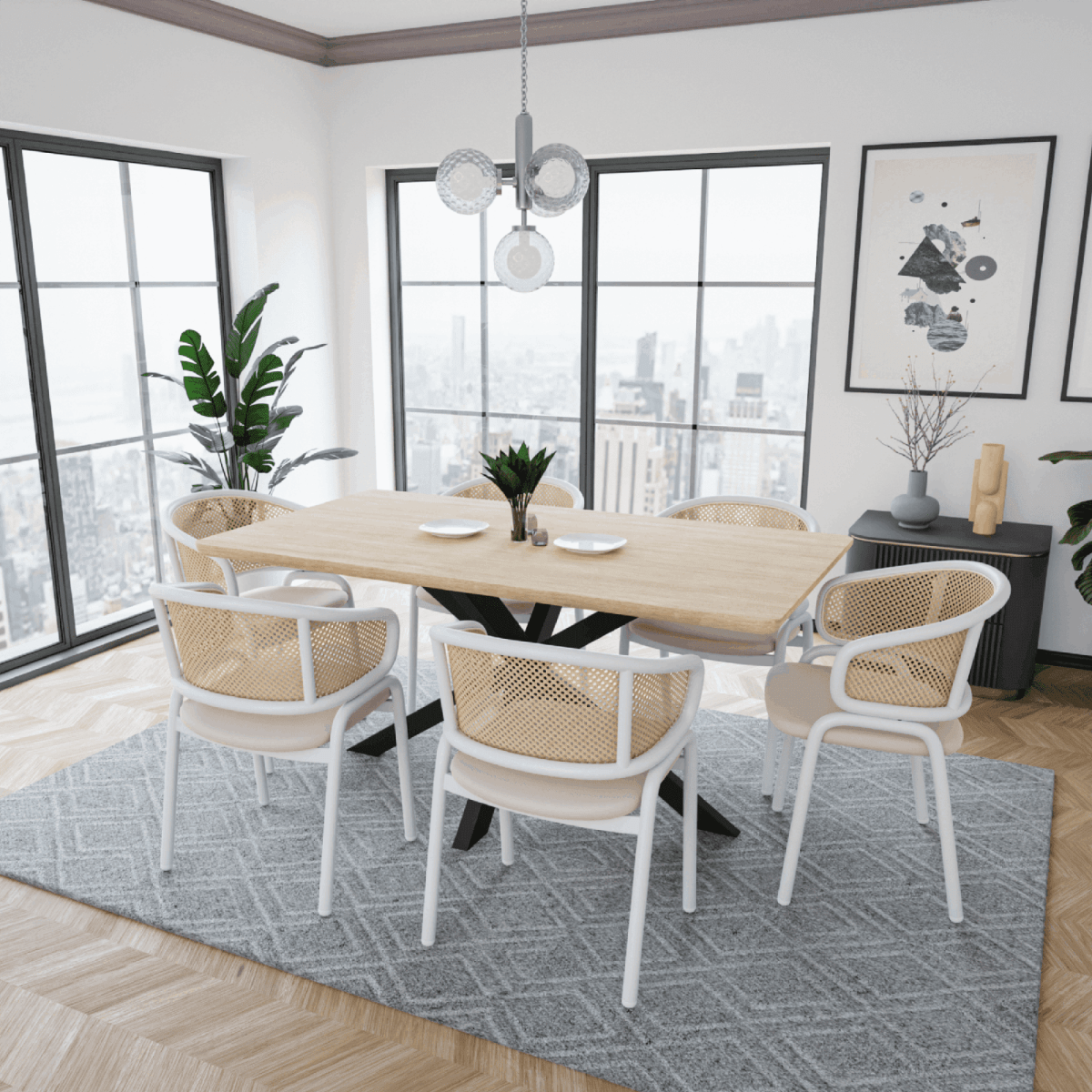Ervilla Modern Dining Armchair with White Powder Coated Steel Legs and Wicker Back Set of 2