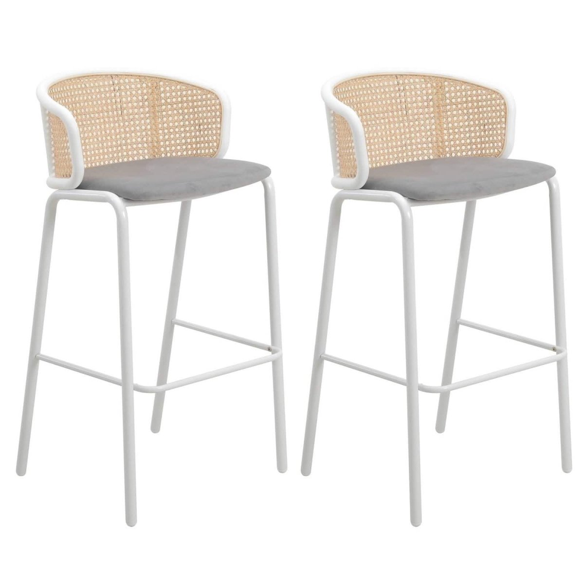 Ervilla Modern Wicker Bar Stool with Fabric Seat and White Powder Coated Steel Frame, Set of 2