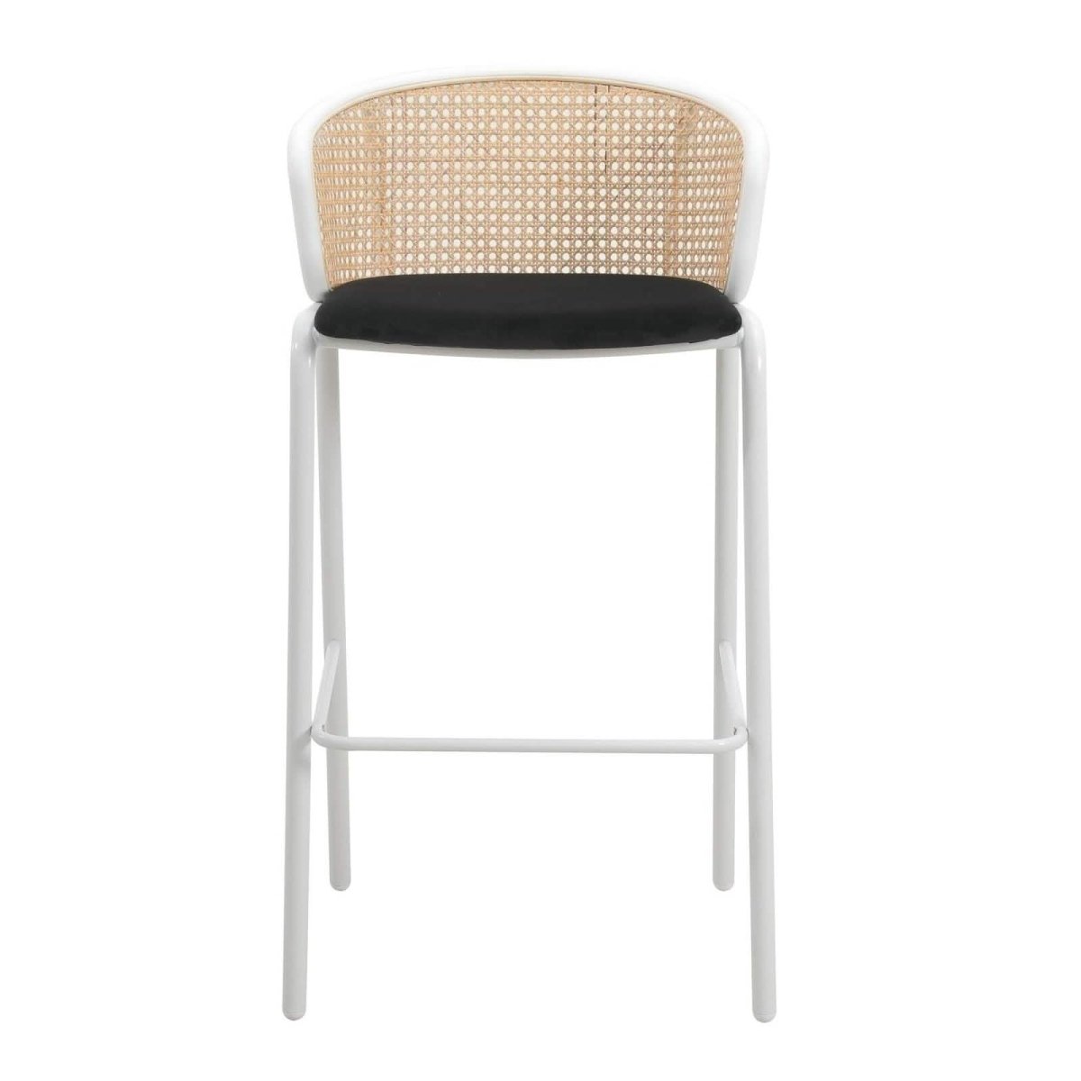 Ervilla Modern Wicker Bar Stool with Fabric Seat and White Powder Coated Steel Frame, Set of 2
