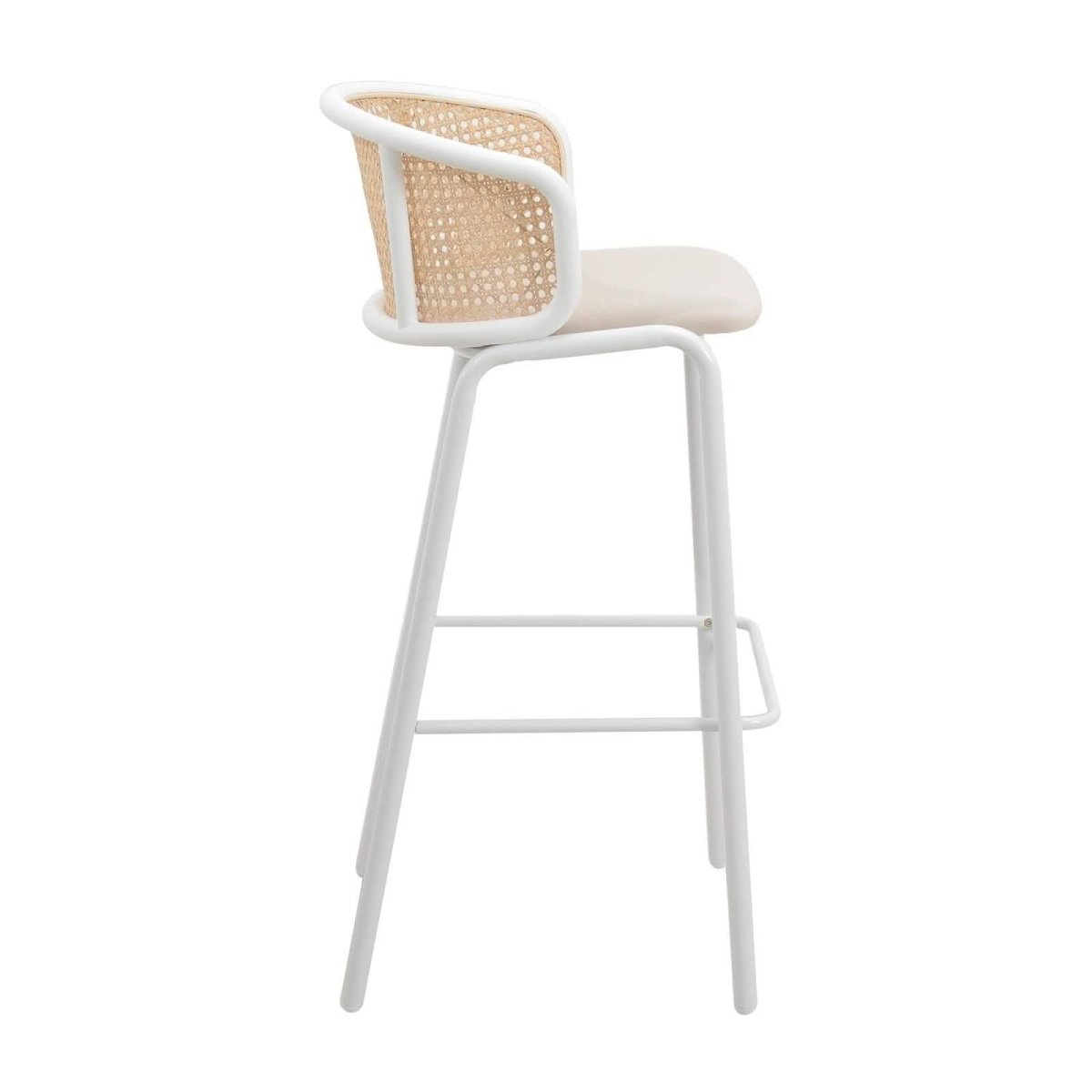 Ervilla Modern Wicker Bar Stool with Fabric Seat and White Powder Coated Steel Frame, Set of 2