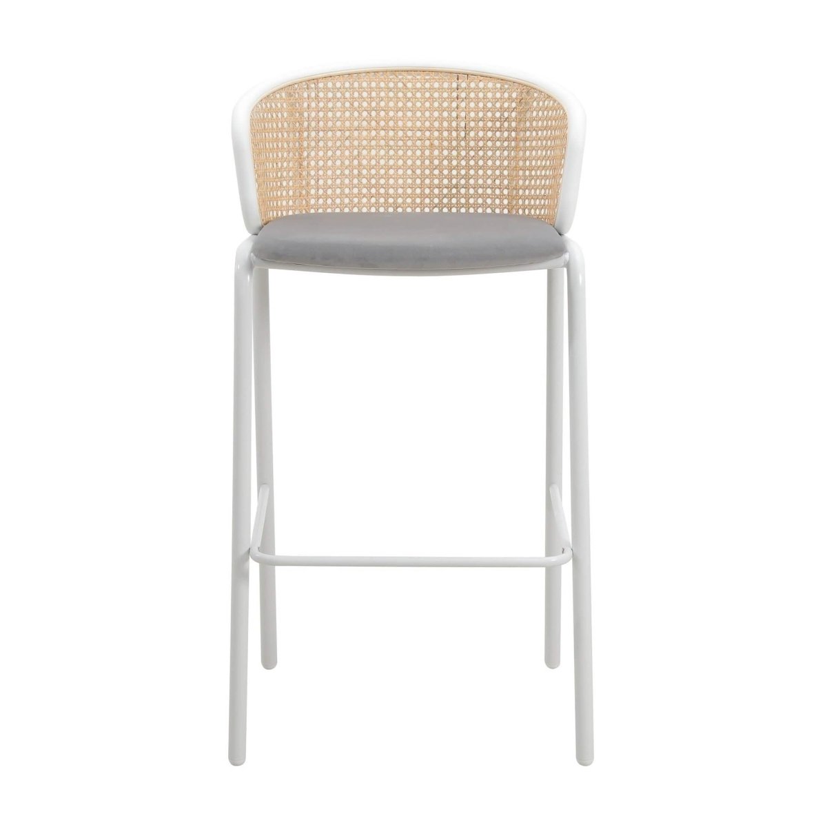 Ervilla Modern Wicker Bar Stool with Fabric Seat and White Powder Coated Steel Frame, Set of 2