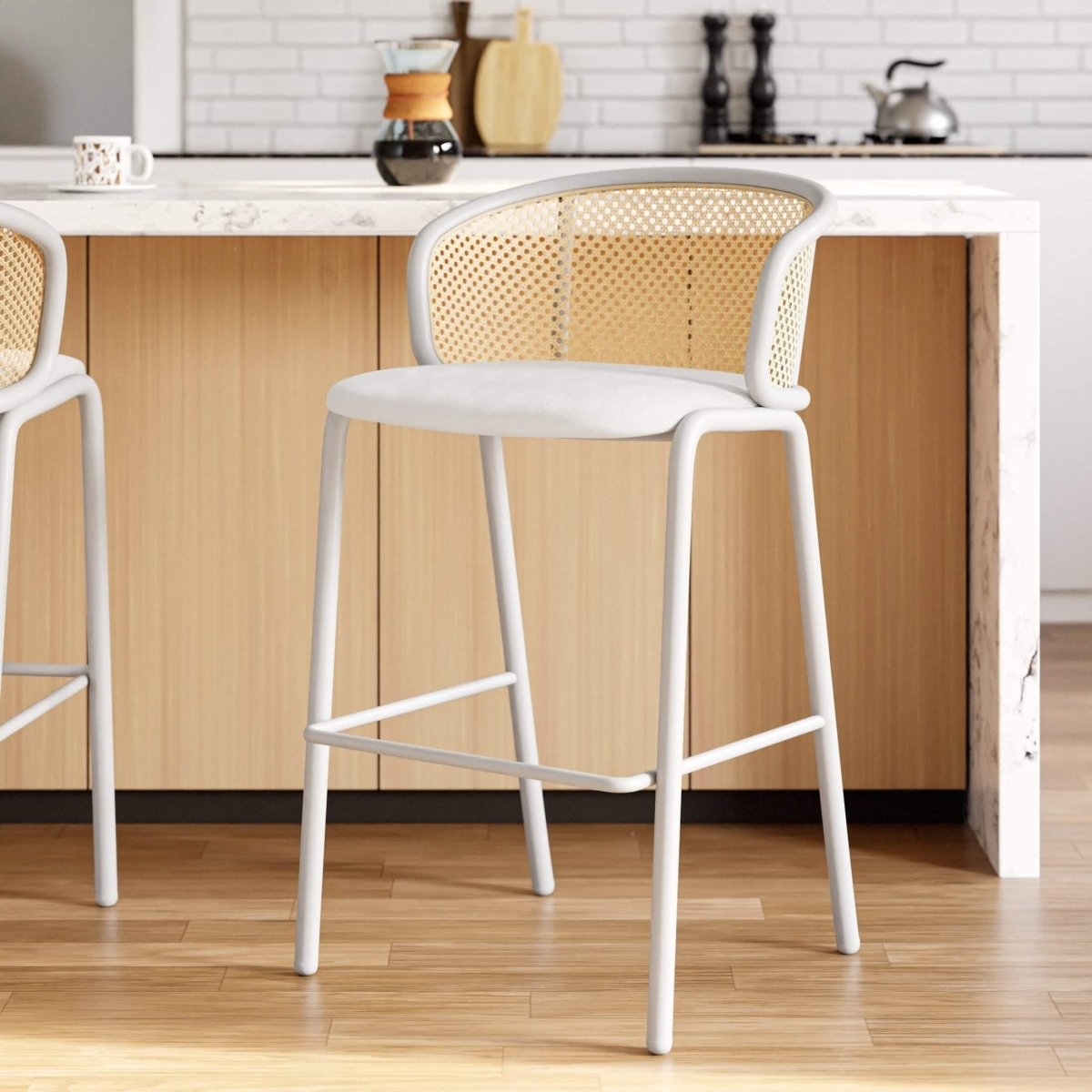 Ervilla Modern Wicker Bar Stool with Fabric Seat and White Powder Coated Steel Frame, Set of 2