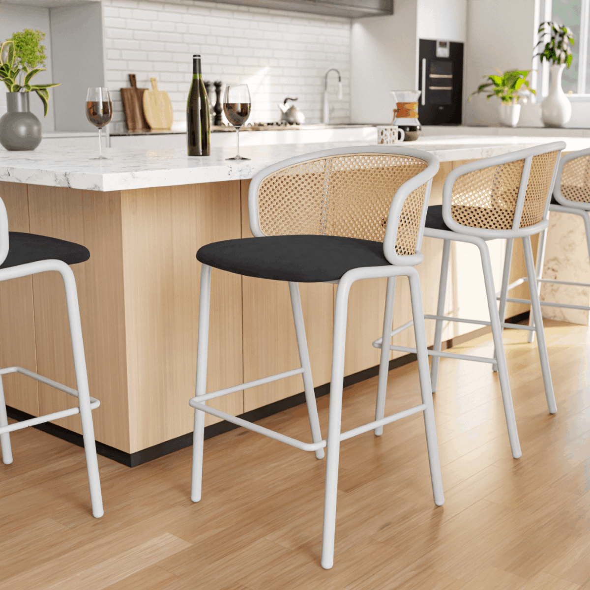 Ervilla Modern Wicker Bar Stool with Fabric Seat and White Powder Coated Steel Frame, Set of 2
