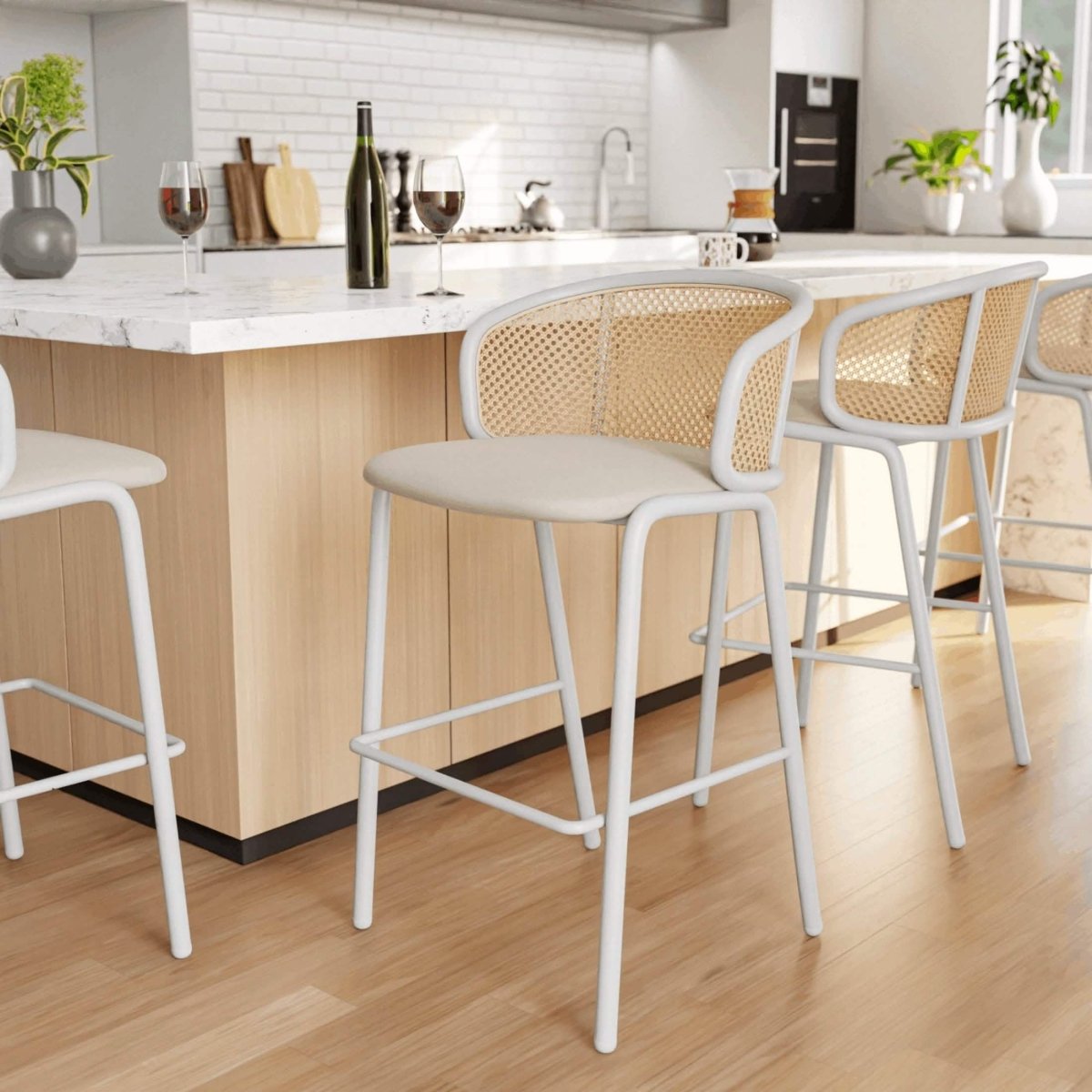 Ervilla Modern Wicker Bar Stool with Fabric Seat and White Powder Coated Steel Frame, Set of 2