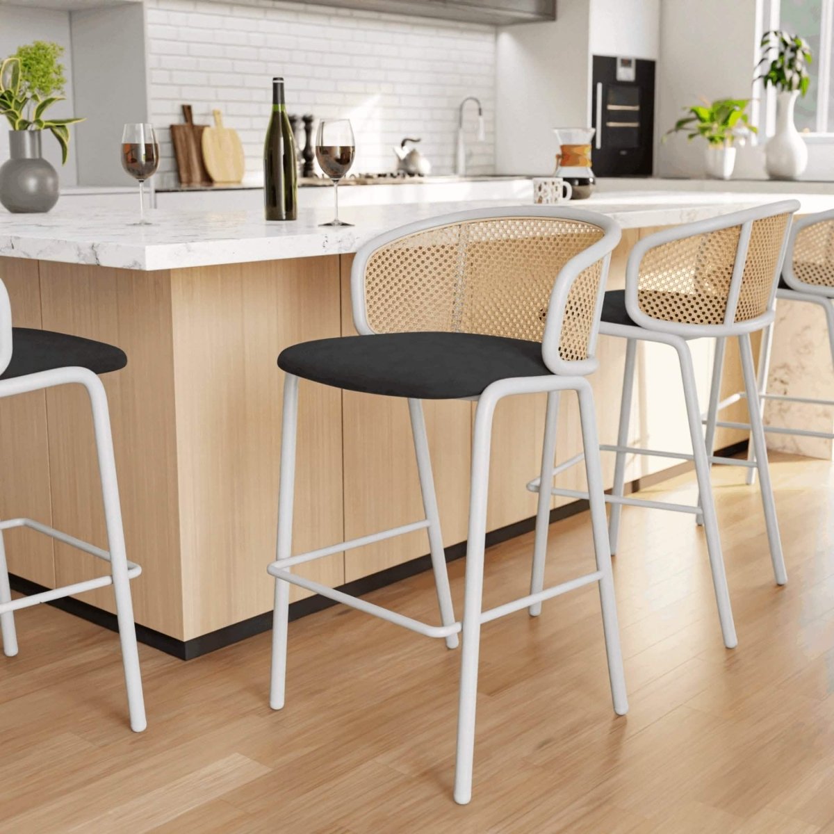 Ervilla Modern Wicker Bar Stool with Fabric Seat and White Powder Coated Steel Frame, Set of 2