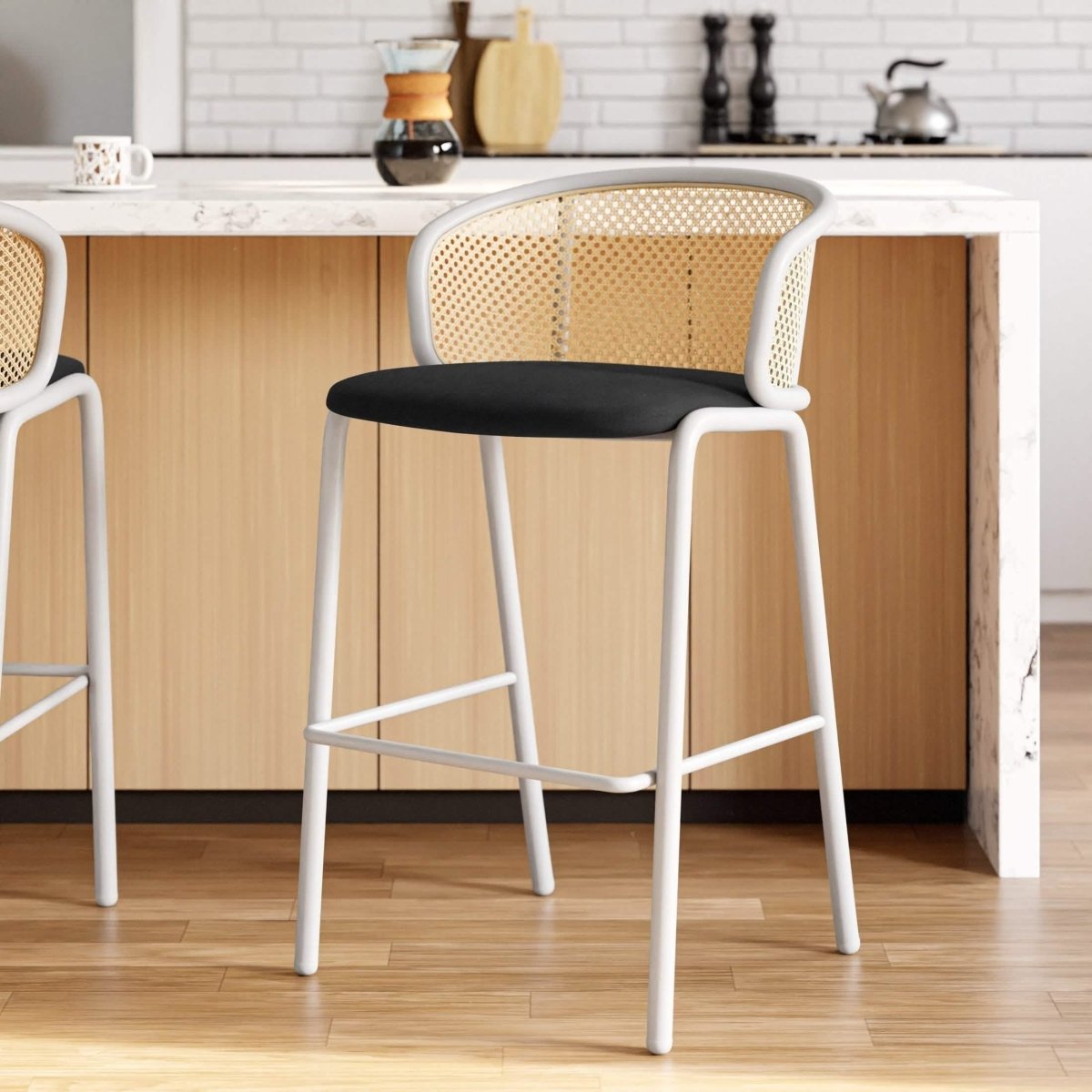Ervilla Modern Wicker Bar Stool with Fabric Seat and White Powder Coated Steel Frame, Set of 2