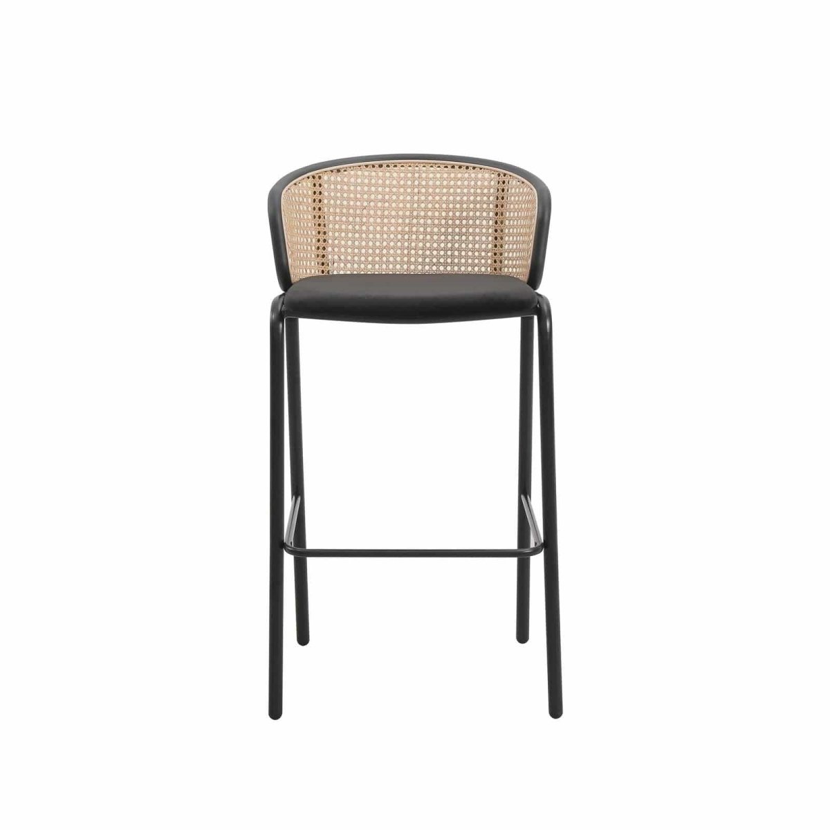 Ervilla Modern Wicker Bar Stool with Fabric Seat and White Powder Coated Steel Frame, Set of 2