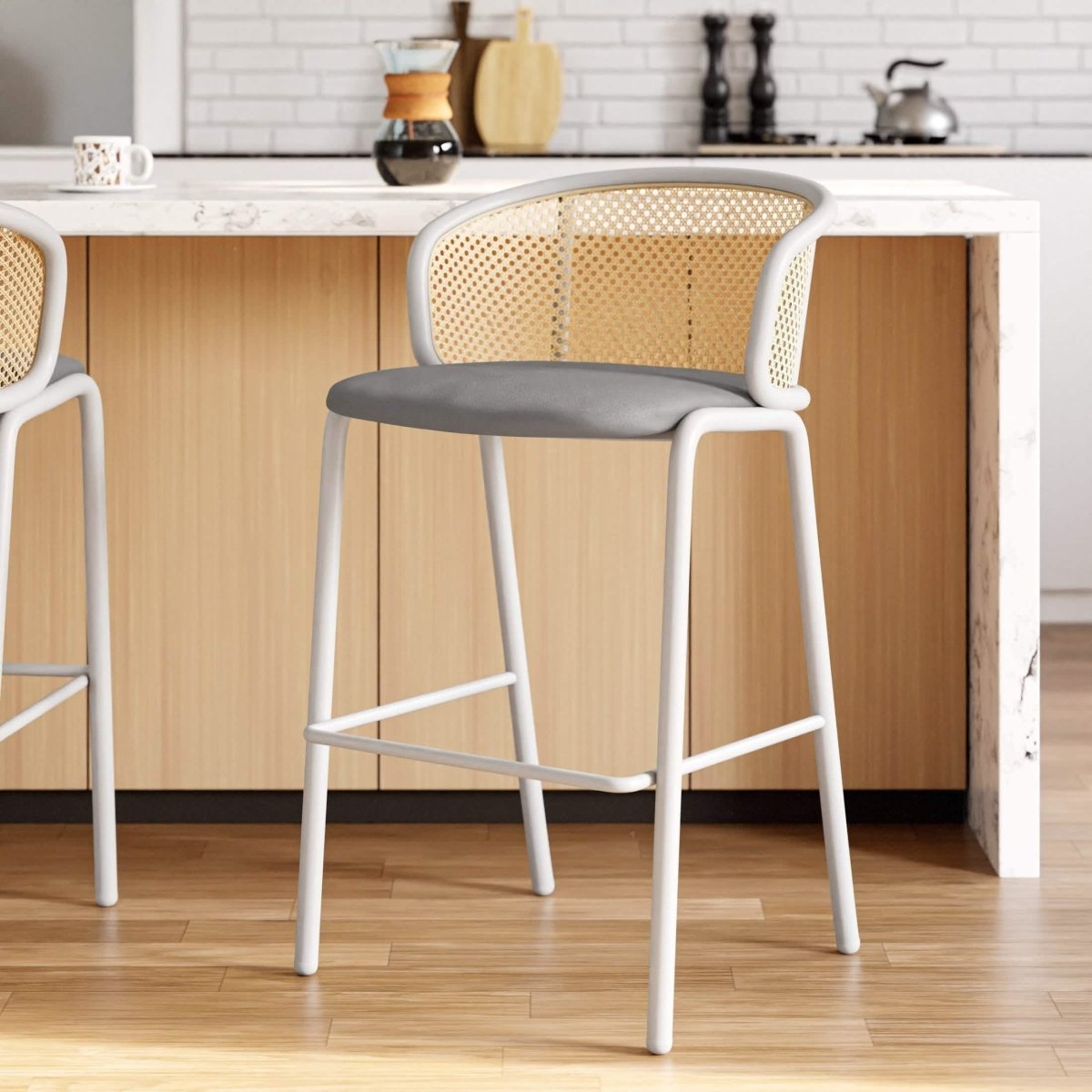 Ervilla Modern Wicker Bar Stool with Fabric Seat and White Powder Coated Steel Frame, Set of 2